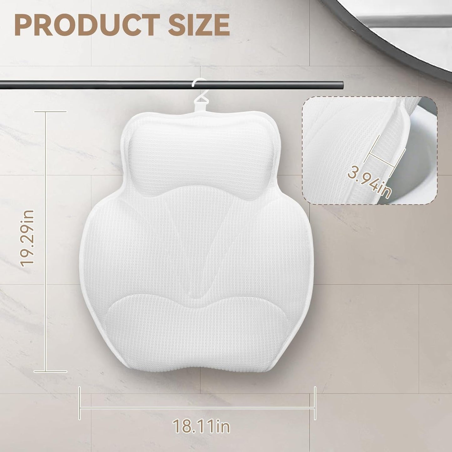 Bath Pillows for Tub - Luxury Bathtub Pillow Neck, Head, Back Support, Soft 5D Mesh Fabric and Non-Slip Suction Cups & Quick Dry, Fits All Tubs, Bath Soaking Accessories Spa Gifts, White
