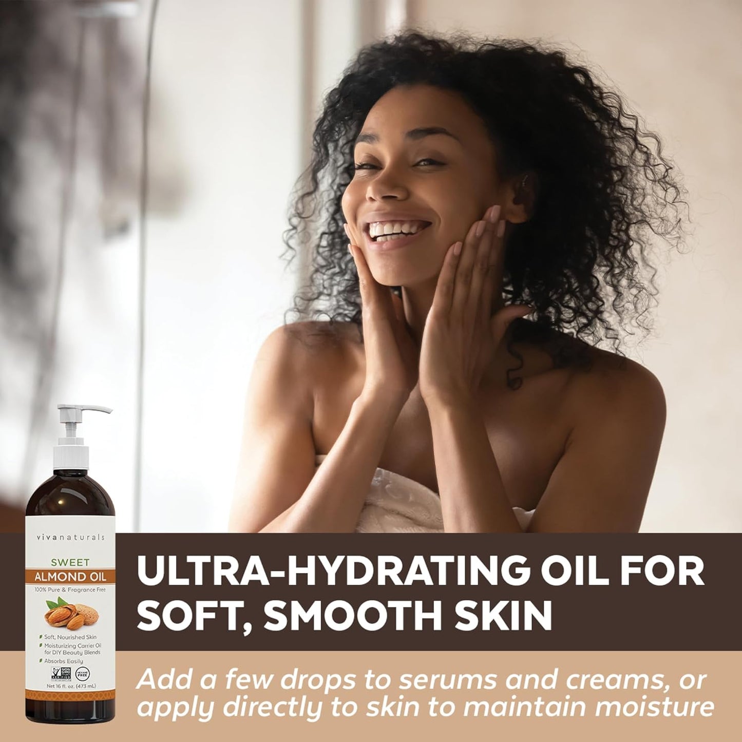 Viva Naturals Sweet Almond Oil, 16 fl. oz – Skin & Hair Moisturizer, Body & Massage Oil, Carrier Oil for Essential Oils, Non-Greasy & Pure