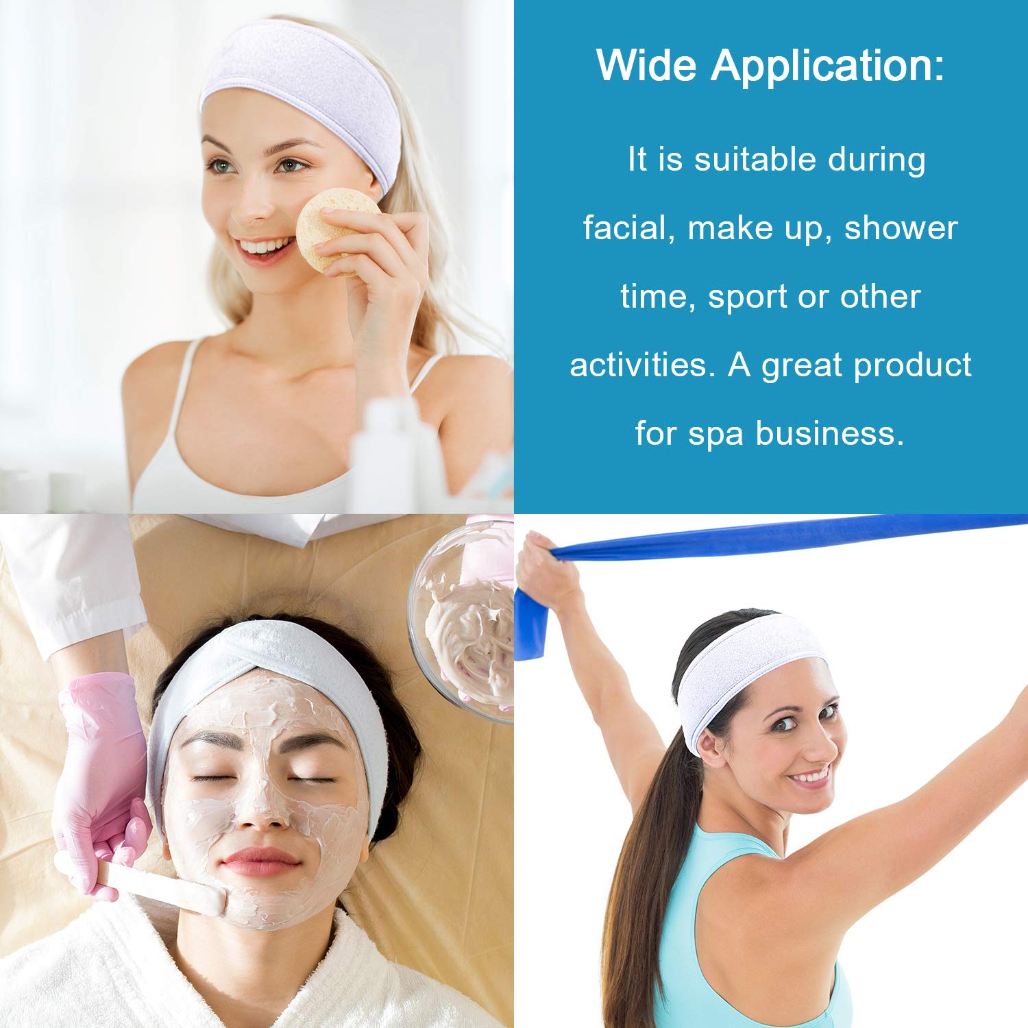 Whaline Spa Facial Headband Head Wrap Terry Cloth Towel, 4 Counts, White | Stretch, for Bath Makeup and Sport