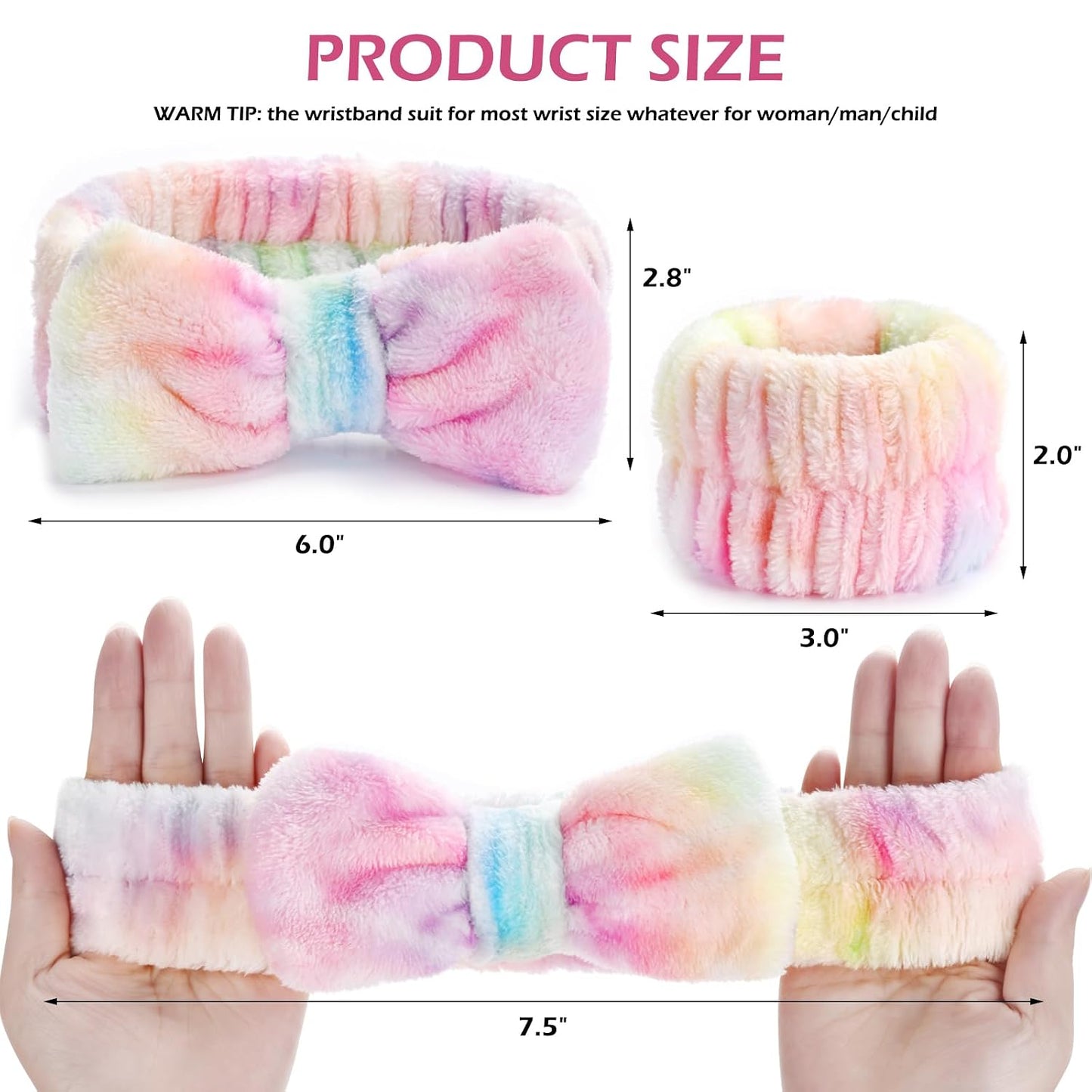 3PCS Spa Headband and Wristbands Set for Women, Soft Microfiber Face Wash Headband with Cute Bow, Elastic Absorbent Wrist Towels, Makeup Skincare Accessories for Facial, Shower, Yoga