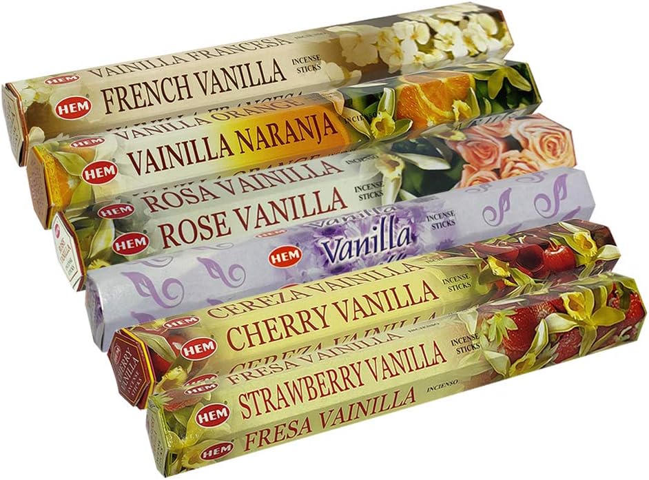 Hem Incense Sticks Variety Pack #18 and Incense Stick Holder Bundle with 6 Vanilla Fragrances