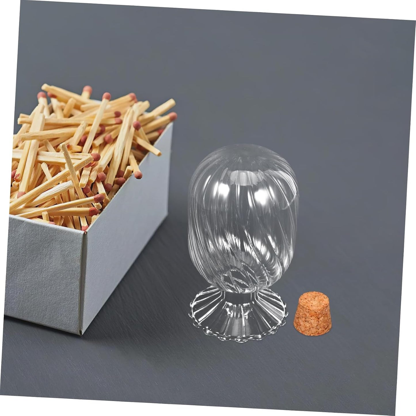 Decorative Glass Match Holder Helix Shaped Cloche with Cork Lid for Striker Stylish Empty Storage Jar for Home Bathroom Display and Fireplace Use
