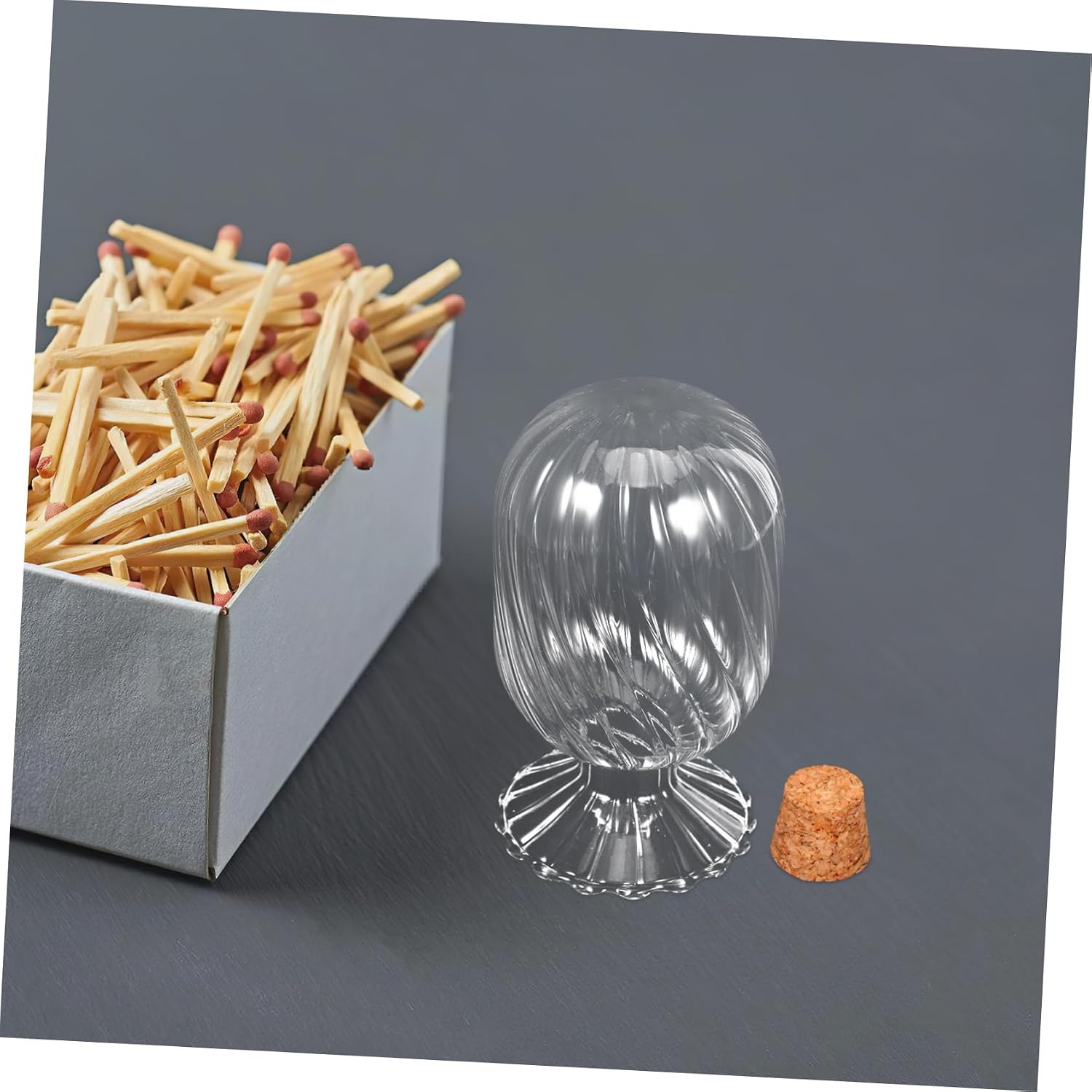 Decorative Glass Match Holder Helix Shaped Cloche with Cork Lid for Striker Stylish Empty Storage Jar for Home Bathroom Display and Fireplace Use