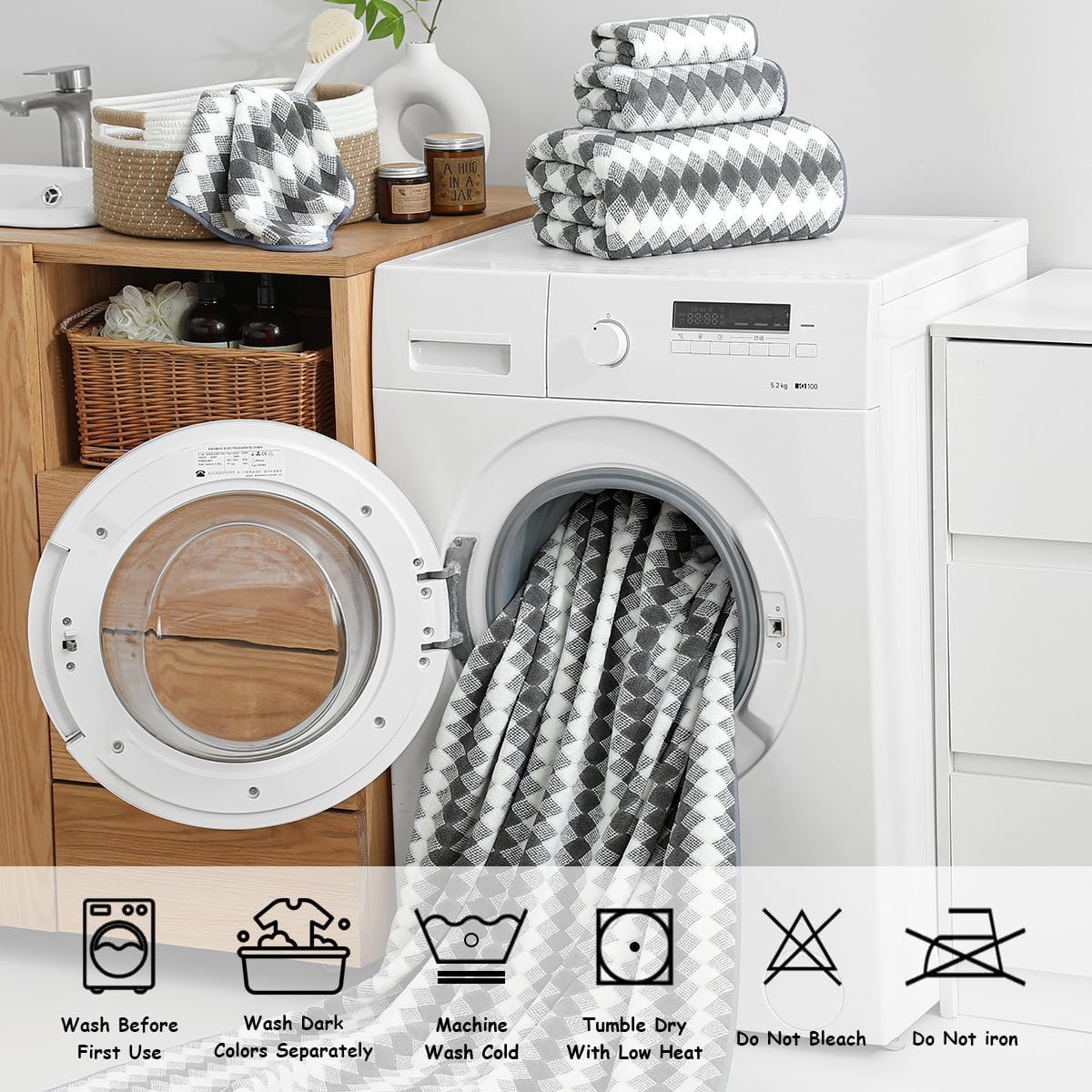 12 Pcs Gray White Diamond Towel Set-4 Bath Towels,4 Hand Towels,4 Washcloths Soft Polyester Towels with Loop Absorbent Shower Towel Quick Dry Beach Chair Towel Family Towels for Bathroom Spa Gym Pool
