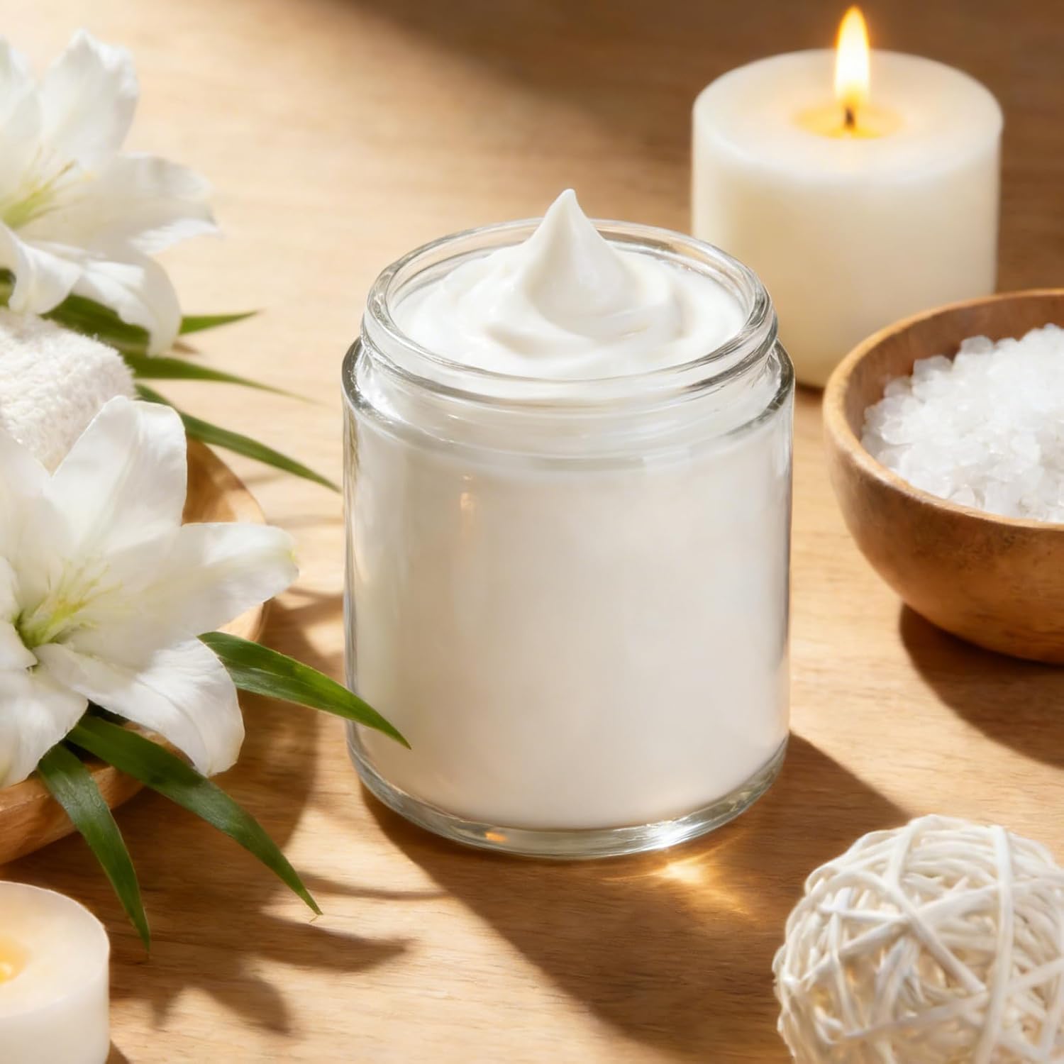 24Pcs 8 oz Clear Glass Candle Jars with Plastic Woodgrain Lids, Bumobum Body Butter Containers for Lotion, Creams, Body Scrubs, Ointments (240ml)