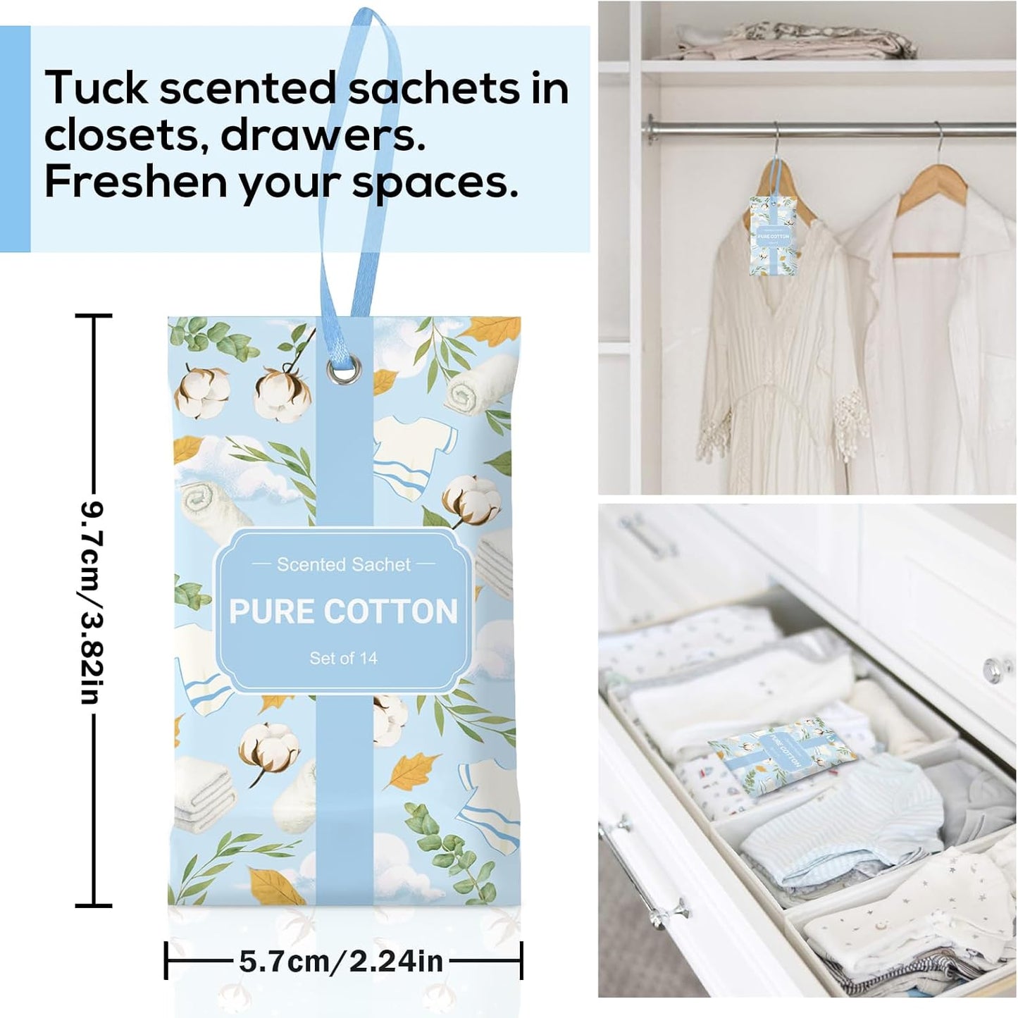 SCENTORINI Scented Sachets for Drawers and Closets, Pure Cotton Scent 14 Pack, Home Fragrance Sachets Bags Wardrobe Freshener for Dresser, Closets, Clothes Storage, Small Space, Suitcases