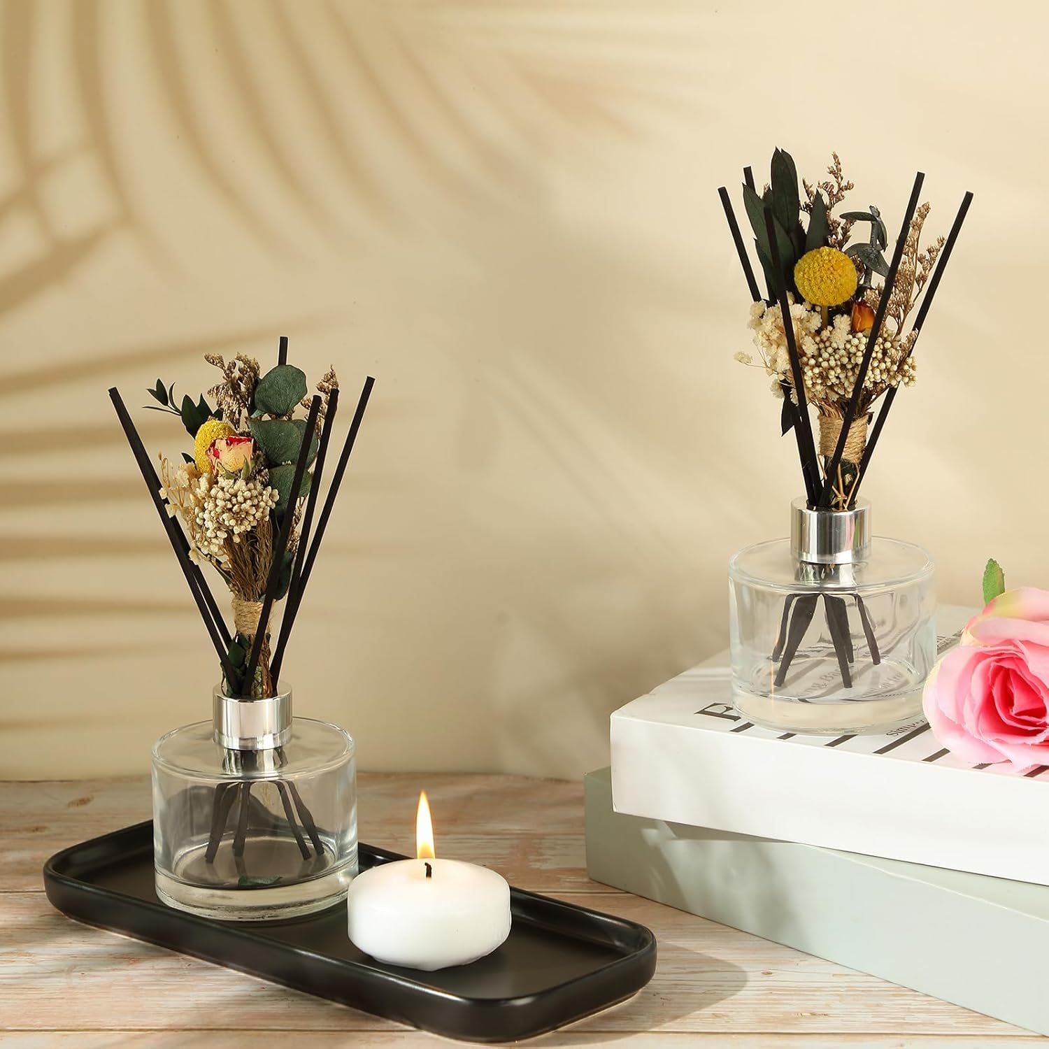 Rtteri 4 Pcs Refillable Diffuser Bottles with 40 Pcs Reeds Sticks 5 oz Empty Fragrance Glass Diffuser Bottles with Lids Baby's Breath Decor Black Ceramic Tray for Home Bathroom Office Men Women Gift