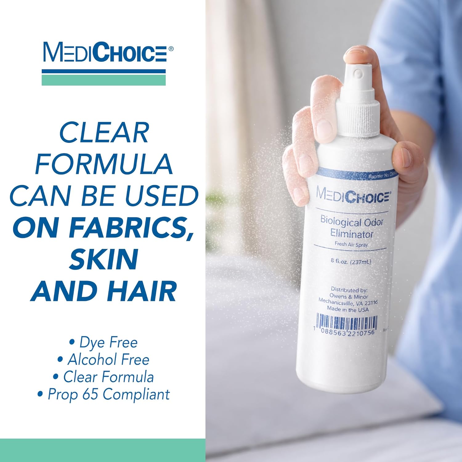 MediChoice Biological Odor Eliminator Spray, 8 Oz Fresh Scent Pump Bottle - Dye Free, Quick Drying, Ideal for Fabric, Skin, Hair - Odor Neutralizer for Home, Hospital, Health Care Clinic