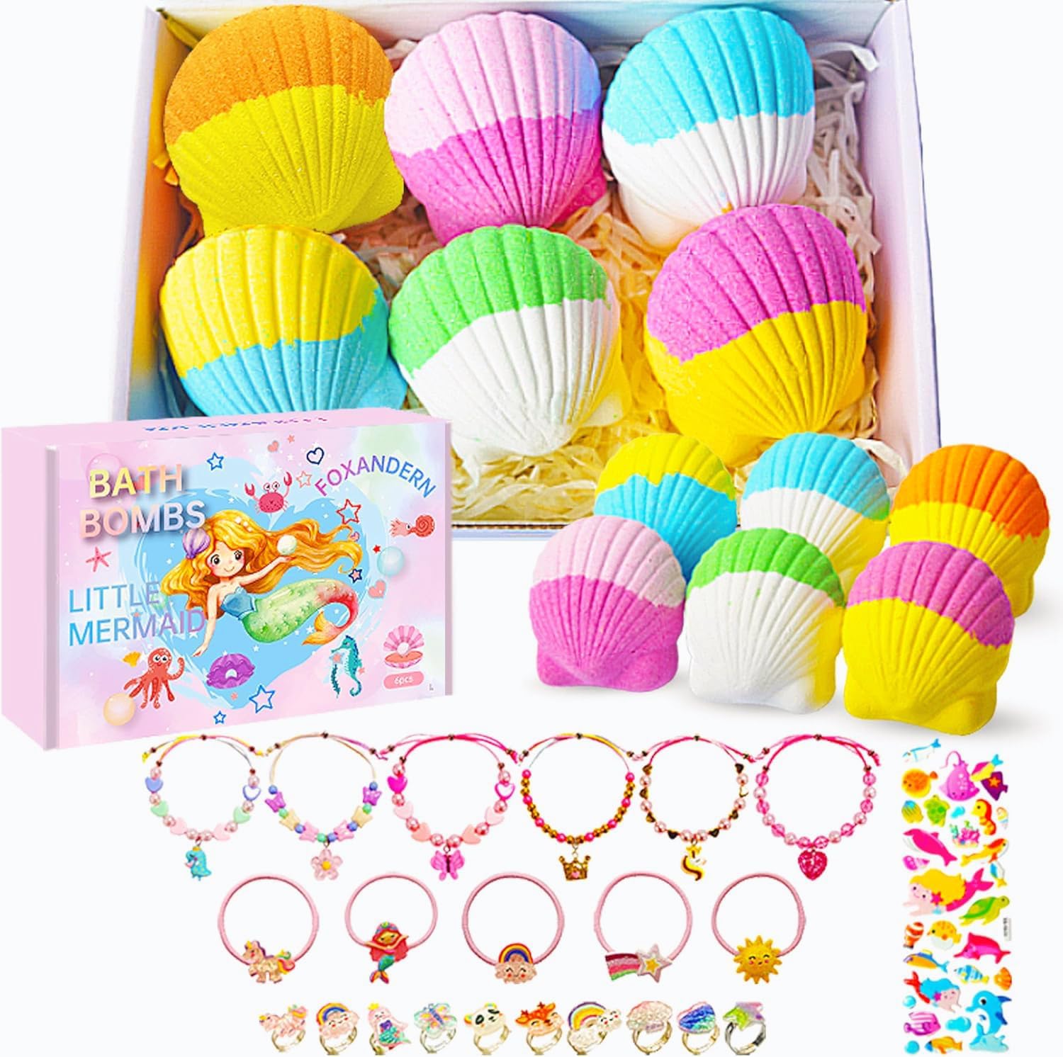 Kids Bath Bombs, 6 Pack Mermaid Bath Bombs for Kids, 4 Oz Natural Organic Bubble Shells with Surprise Jewelry, Perfect Birthday, Christmas Party