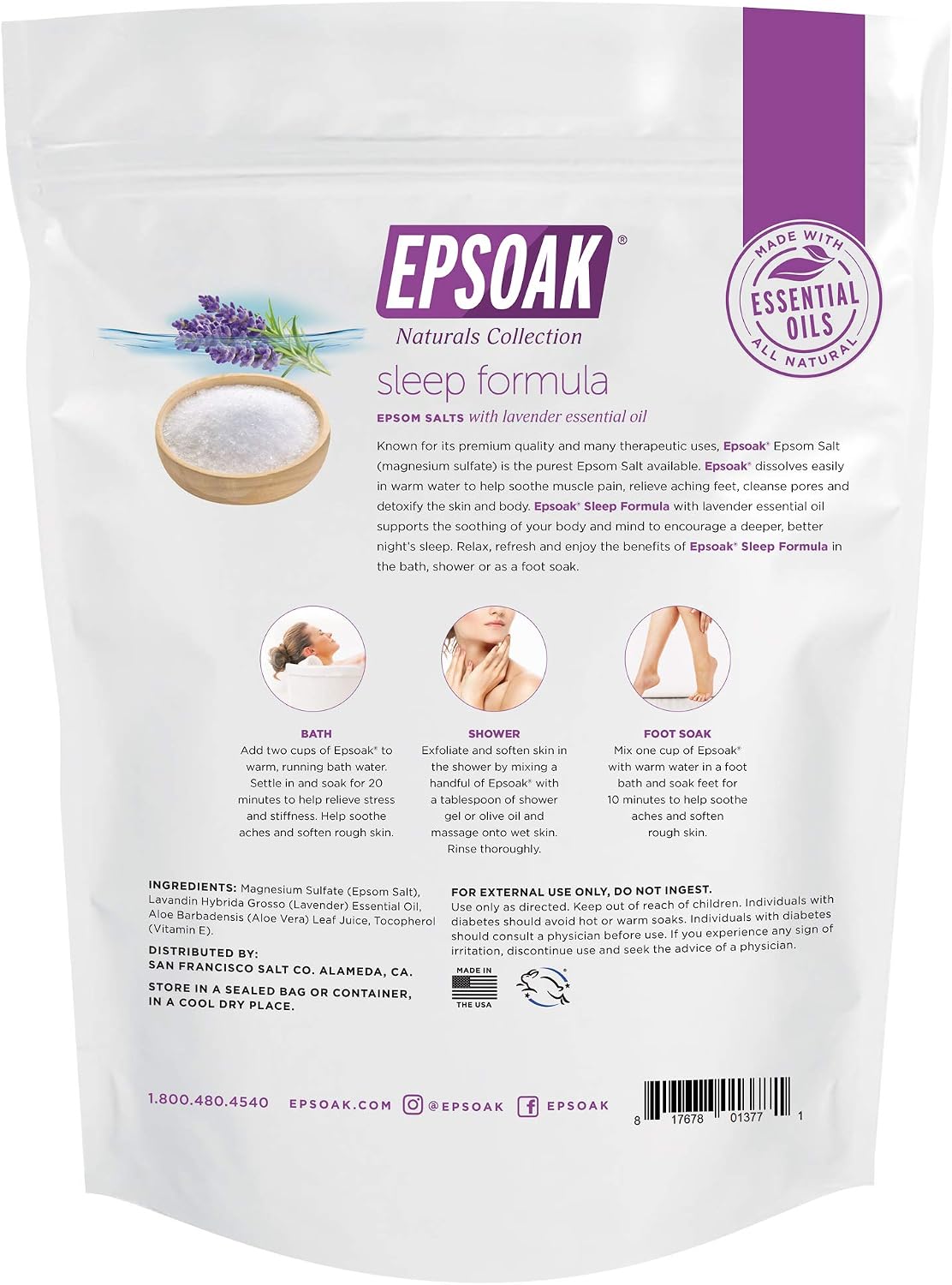 Epsoak Epsom Salt 2 lb. USP Magnesium Sulfate with Lavender Scent Resealable Epsom Salt Bag, Made in The USA, Cruelty-Free Certified