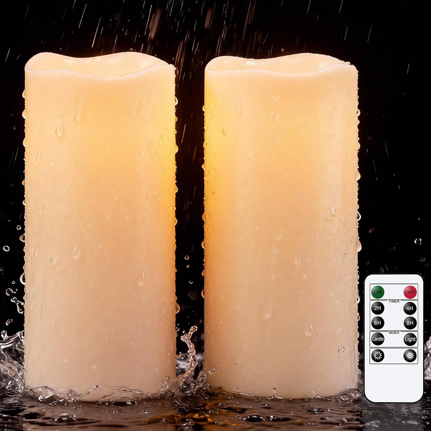 Outdoor Candles Waterproof, 8” x 4” Large Battery Operated Candles with Remote Timer, Pillar Flameless Outdoor Candle Flickering for Lartern Porch Patio Gardern Decor(Set of 2)