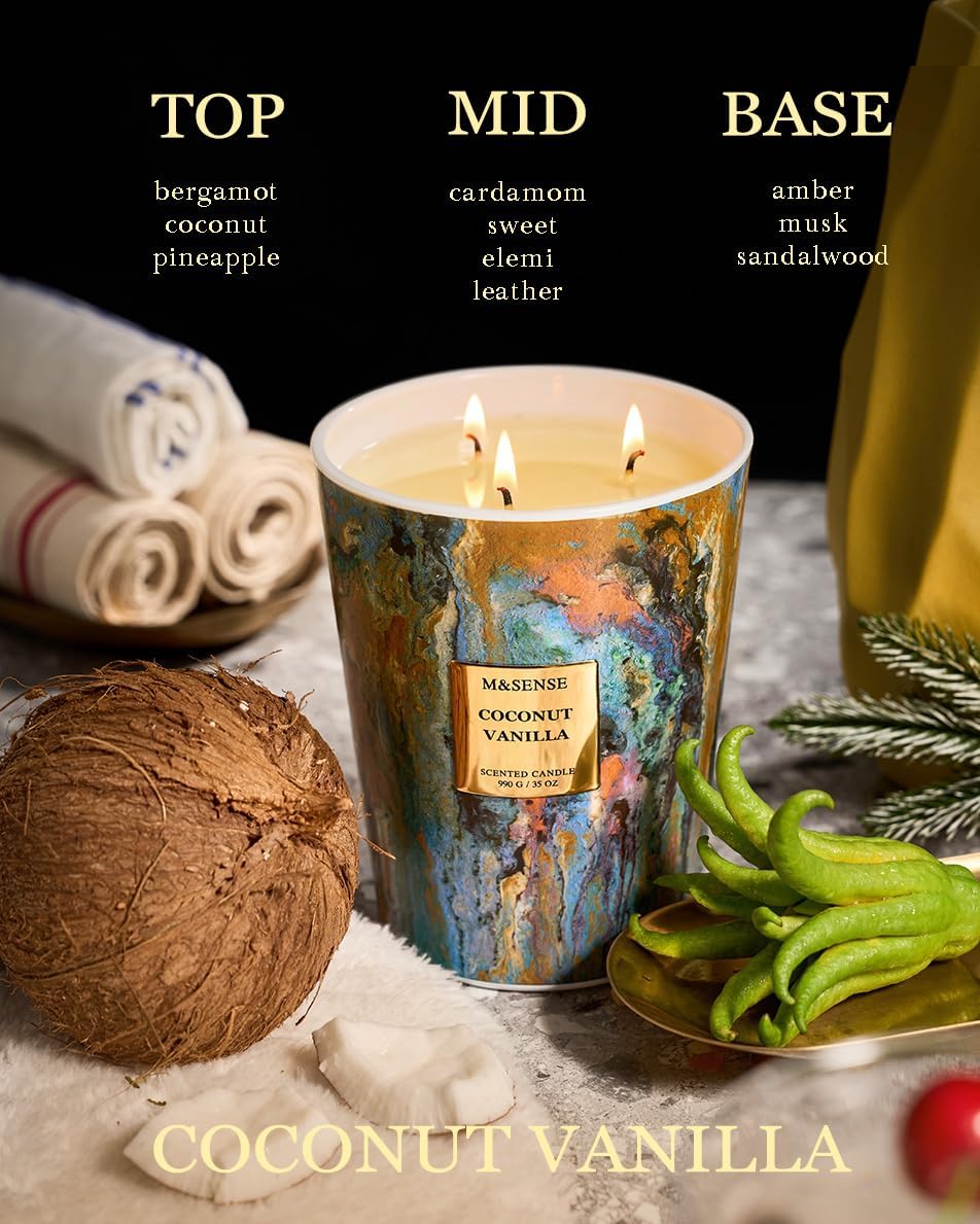 M&SENSE Large 3-Wick Coconut Vanilla Scented Soy Candle | 35oz, 150 Hours, Non-Toxic, Summer Party Essential, Spa Home Fragrance & Decor