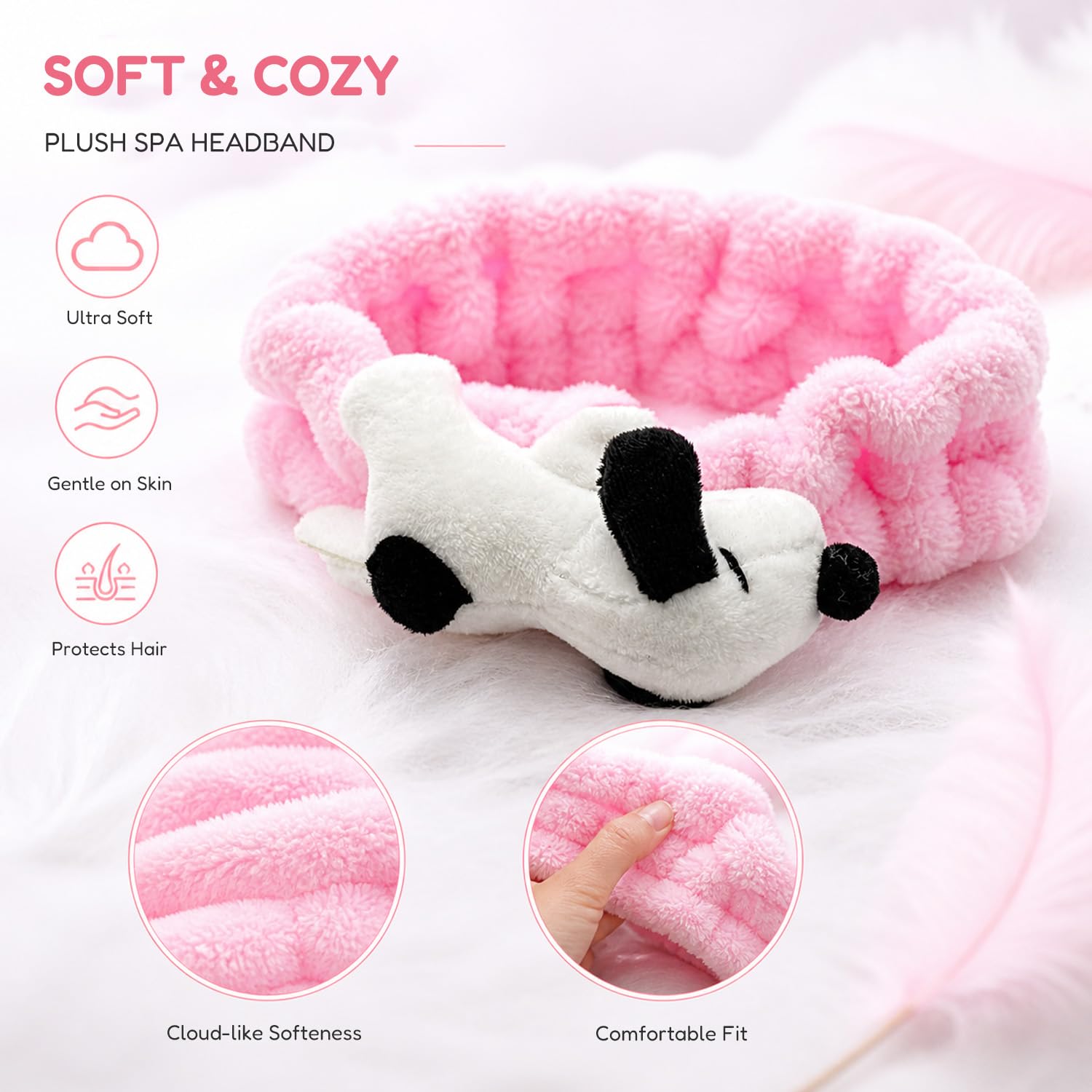 Celavi x Peanuts Snoopy Plush Spa Headband - Soft Pink Makeup Hair Band for Face Washing & Skincare Routine, Cute Facial Accessory for Women & Girls