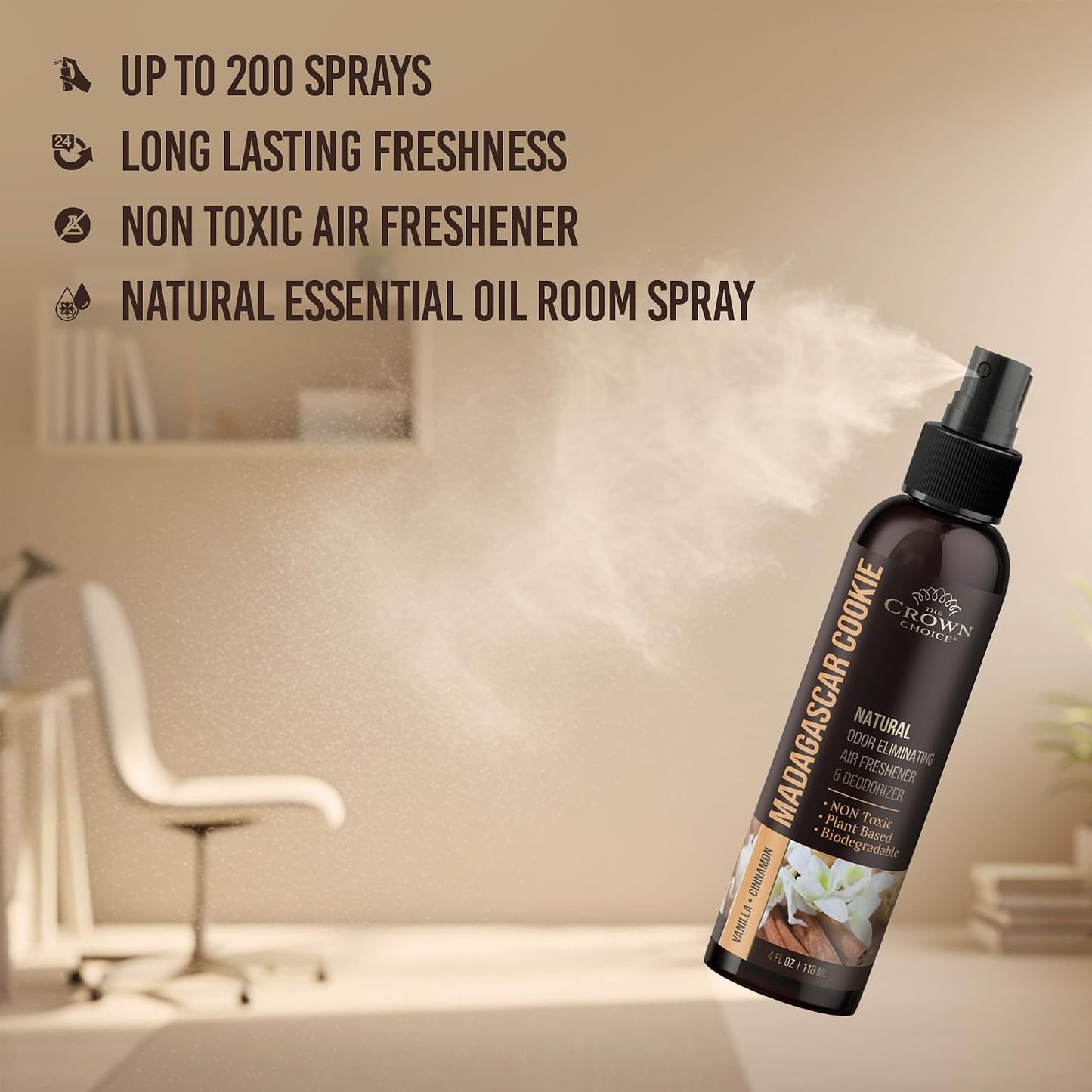 Non-Toxic Odor Eliminator, Natural Vanilla & Cinnamon Air Freshener Spray for Home, Room, Closet & Couch Deodorizer, Long Lasting Bathroom & Toilet Freshener, Safe for Kids & Pets, 2PK - 4 Oz each