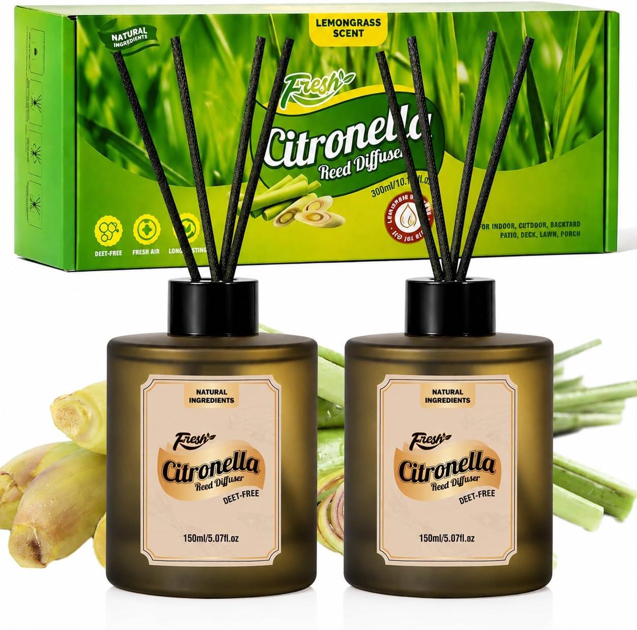 SCENTORINI Citronella Reed Diffuser Set, Summer 10 oz Natural Lemongrass Essential Oil with 12 Sticks, Long Lasting Home Fragrance for Bedroom, Bathroom, Patio, Camping, Courtyard, Pool, Outdoor Use