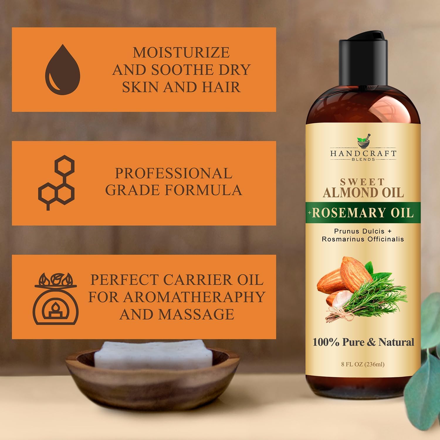 Handcraft Blends Sweet Almond Oil | 100% Pure and Natural | Bath & Body Oil | Premium Grade Carrier Oil | Skin | Hair | Body | Massage | Hexane-Free | with Rosemary Oil | 8 Fl Oz