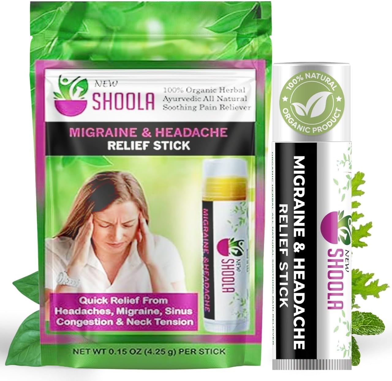 Shoola Relief Balm Touchless Stick Natural Headache & Migraine Relief, Herbal Ayurvedic Pain Relief Balm for Temples, Sinus, Neck & Body, No-Mess Roll-On Application 1 Pack