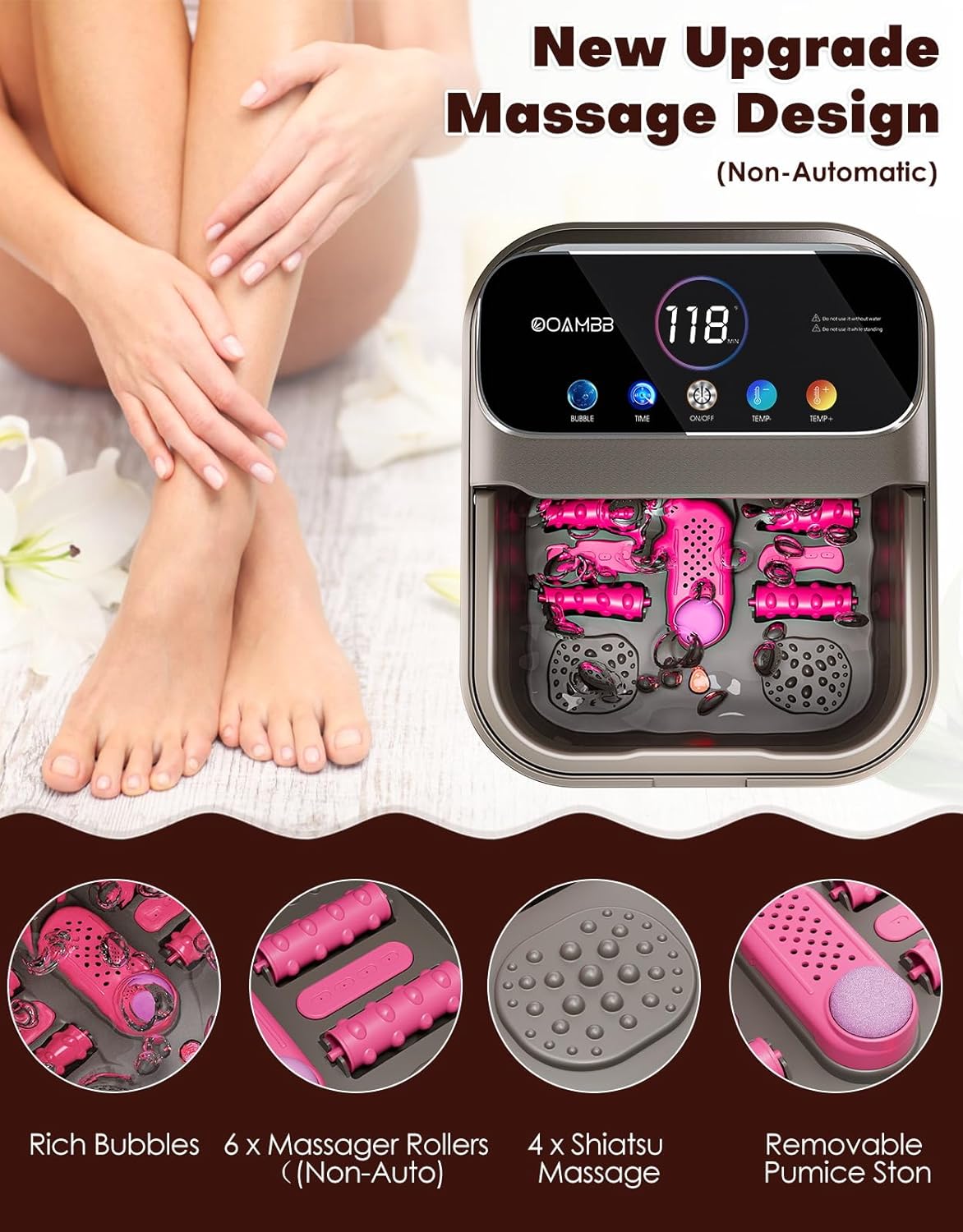 OOAMBB Collapsible Foot Spa with Heat, Bubble,Temp Control,Remote Control, Color Touch Screen Foot Bath Massager with 6 Massage Rollers,Foot Soaking Tub,Pedicure Foot spa for Stress Relief (Deep Grey)