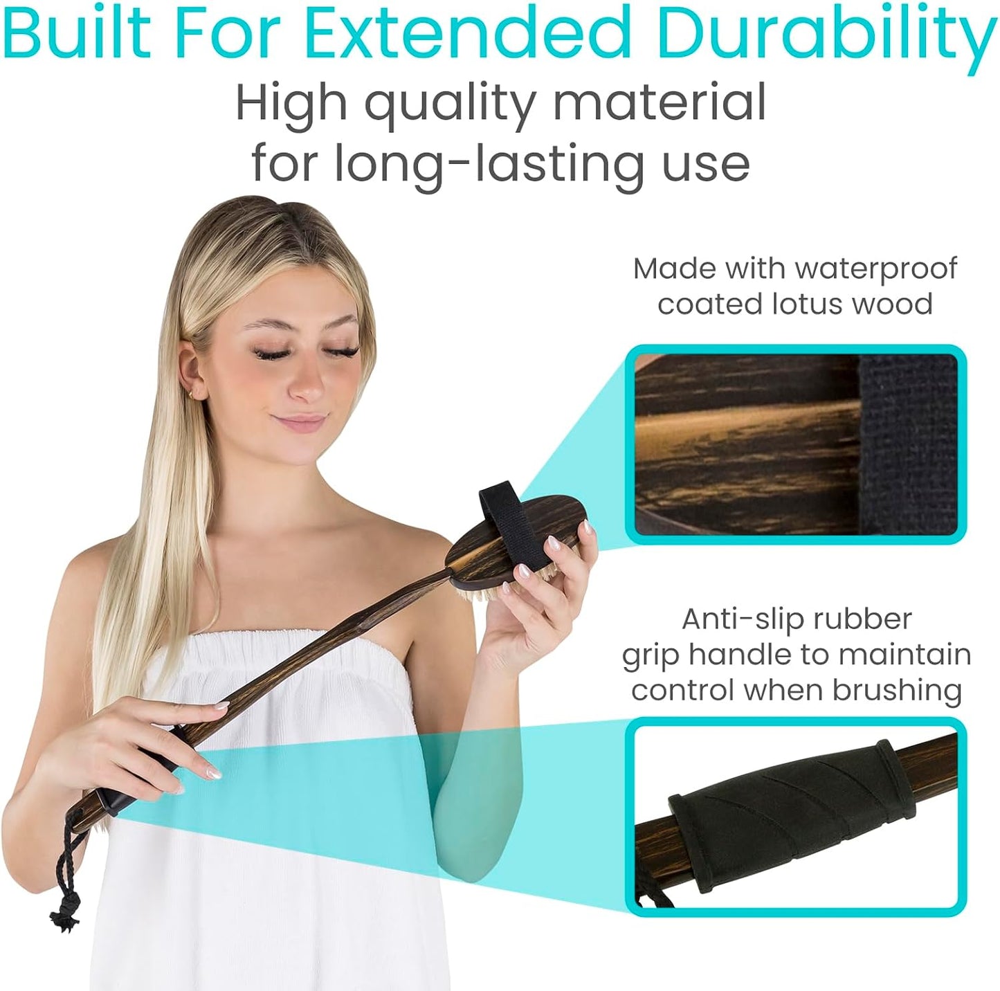 Vive Dry Brush Set for Lymphatic Drainage (3 Pack) - Brushing Scrubber for Exfoliating, Body Cellulite and Skin Massage - 100% Natural Boar Hair Bristles, 19” Long Dark Wooden Handle w/Storage Bag