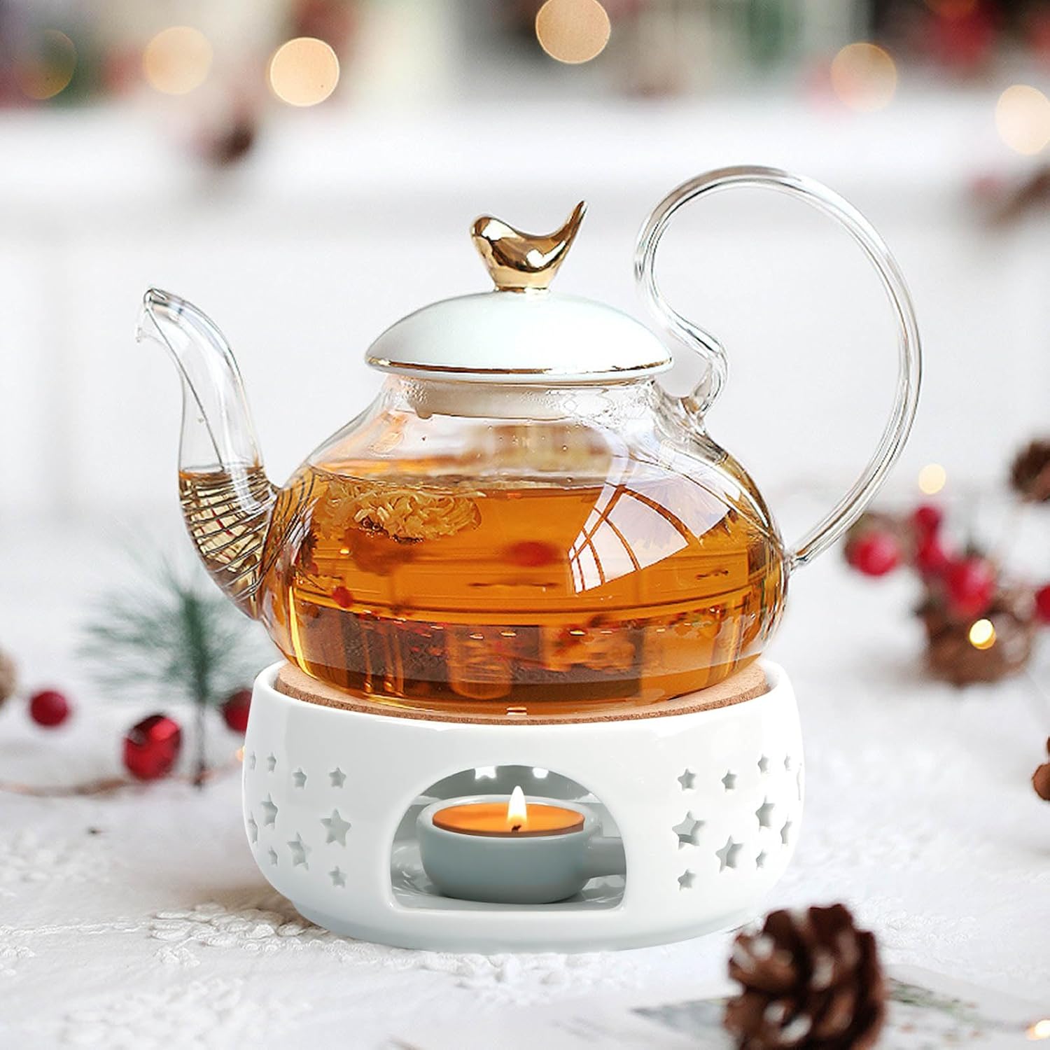KAYCROWN Teapot Warmer, Ceramic Tea Warmer for Teapot, Tealight Warmer with Tealight Holder for Heating Coffee Milk Tea Warmer, Teapot Heater (White)
