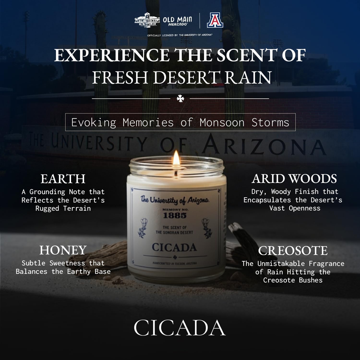 CICADA Desert Rain Scented Candle, Memory No. 1885, University of Arizona Inspired Coconut Soy Blend Wax, Cotton Wick, Earth Honey Citrus Creosote Aroma, Hand Poured Arizona Reveries Home Fragrance