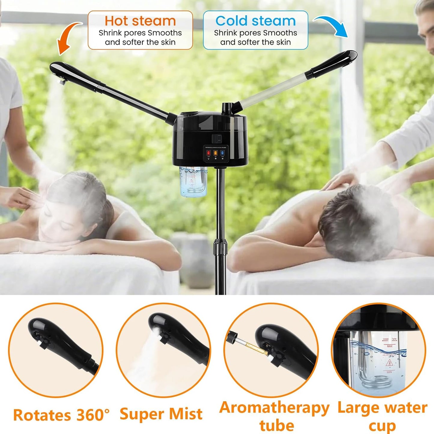 Professional Facial Steamer Hot & Cold, Esthetician Steamer More Steam,Ozone Facial Steamer for Deep Cleansing and Hydration, Suitable for Beauty, Spa and Home Use, Black