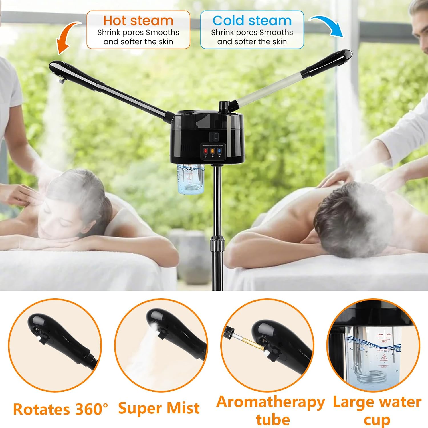 Professional Facial Steamer Hot & Cold, Esthetician Steamer More Steam,Ozone Facial Steamer for Deep Cleansing and Hydration, Suitable for Beauty, Spa and Home Use, Black