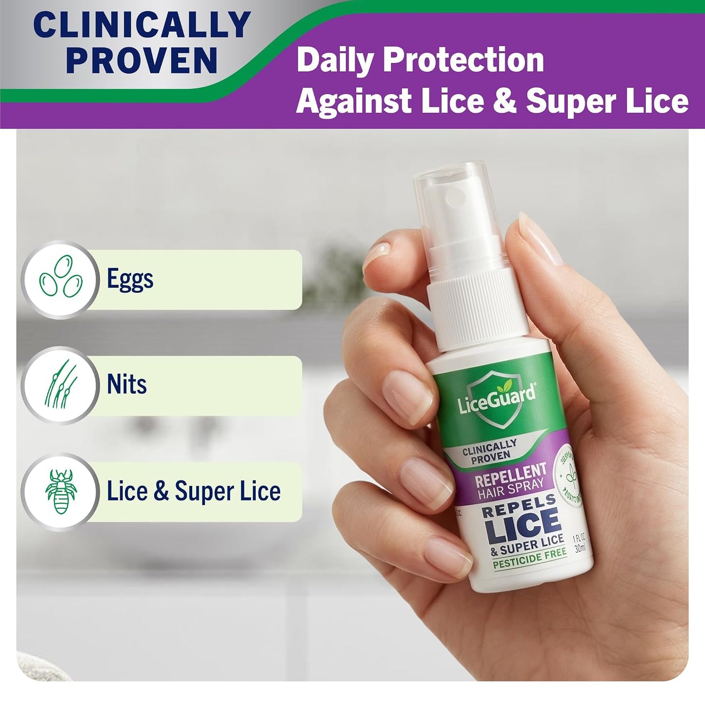 LiceGuard Lice Spray, 1 Fl Oz, Concentrated, Preventative Lice Treatment for Kids & Adults, Clinically Tested to Provide 24Hr Egg & Nit Protection, Made with Natural Ingredients, Gentle for Daily Use