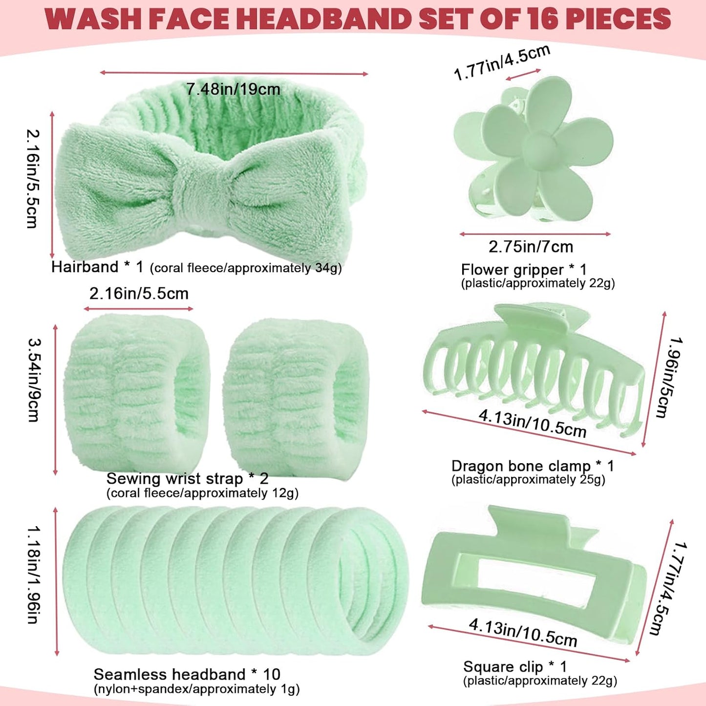 16 Pcs Skincare Headband Set, Face Washing Headband with Wristbands, Hair Claw Clips & Hair Ties, Spa Headbands for Women Girls, Perfect for Facial, Makeup, Shower, Gift Ready Box