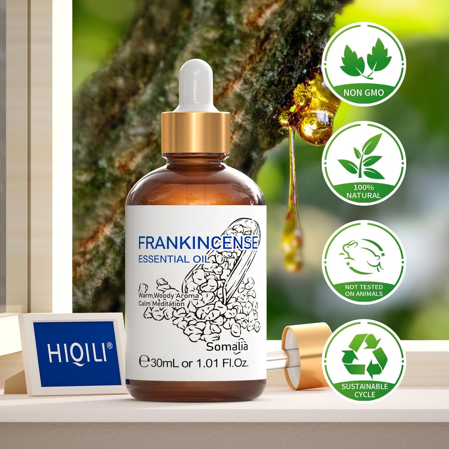 HIQILI 30ML Frankincense Essential Oil, Relaxing, Skin Care, Camp Atmosphere Creation, Can be Added to Body Lotions, Creams, Aromatherapy Use - 1.01 Fl Oz