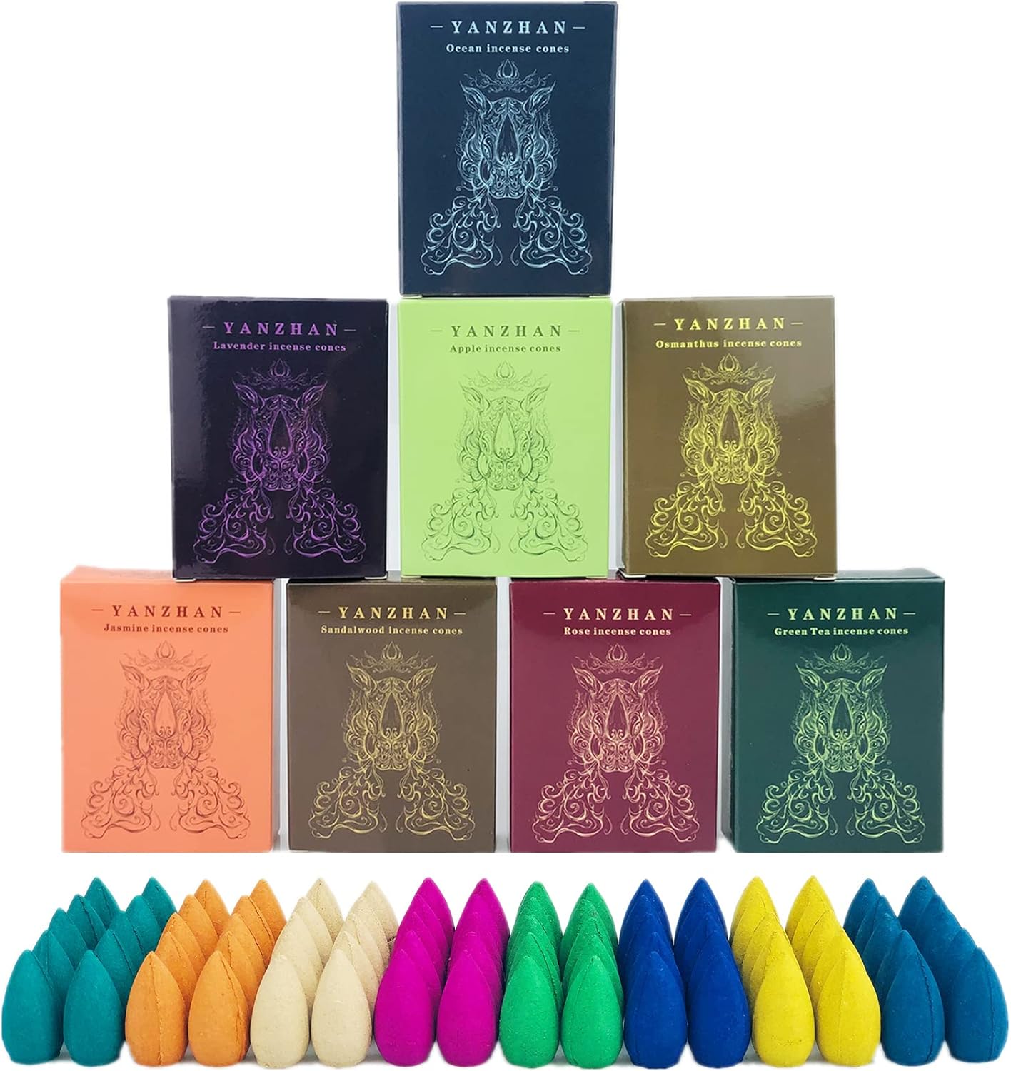 80 Pcs Backflow Incense Cones 8 Mixed Natural Scents Sandalwood Rose Green Tea Lavender Osmanthus Jasmine Ocean Apple (Incense Cones)