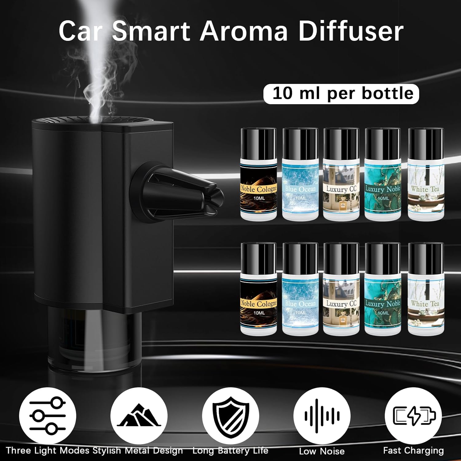 Car Air Freshener Diffuser, Smart Car Air Freshener with 3 Spray Modes, Auto On/Off, Rechargeable Aromatizante para Carro with 10pcs Essential Oil, 5 Scents, Long-Lasting, 2Pack