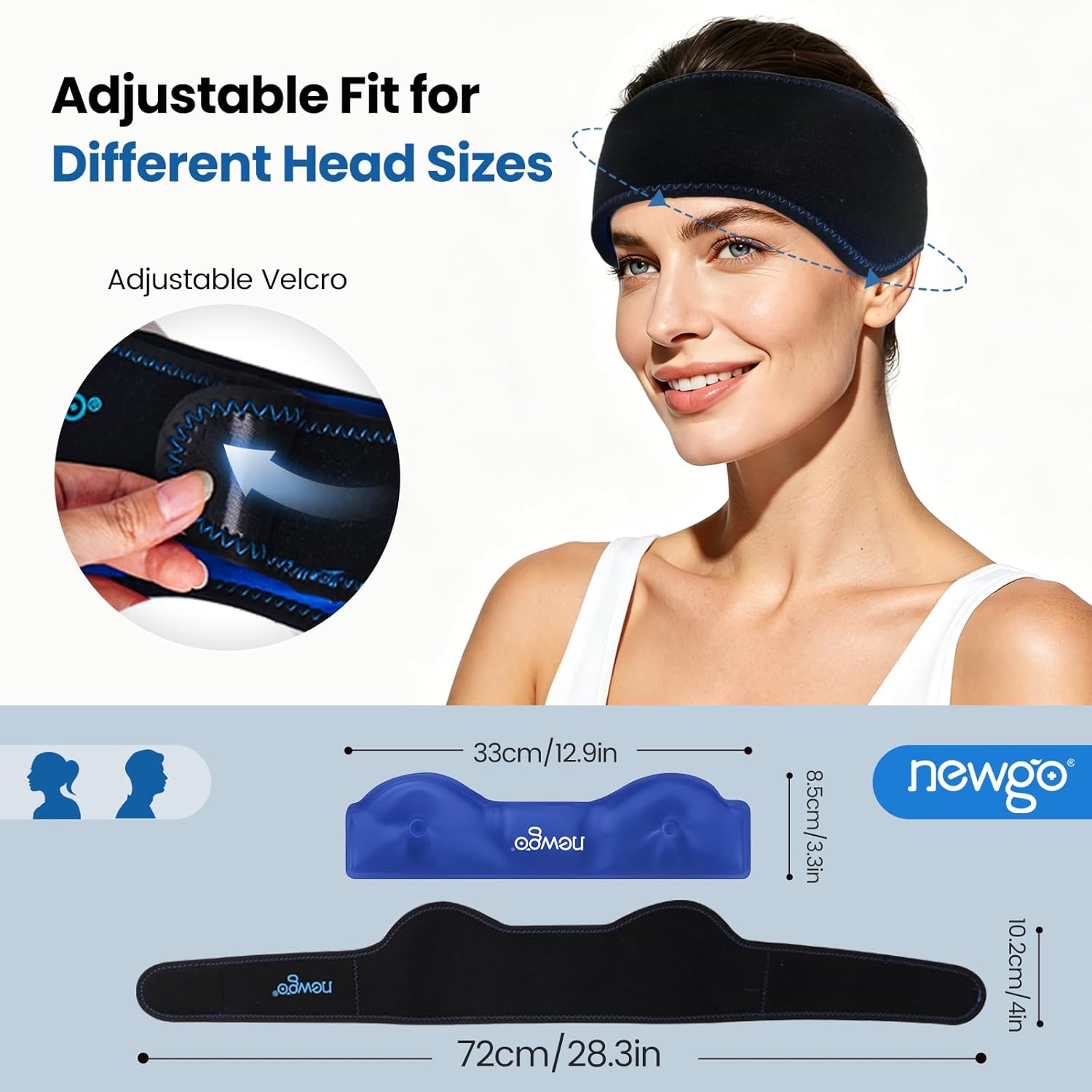 NEWGO Headache Ice Pack Head Wrap for Migraines, FSA Eligible, Cold Pack Head Ice Therapy Wrap for Headache Relief, Tension, Sinus Pain, Chemo, Head Injuries