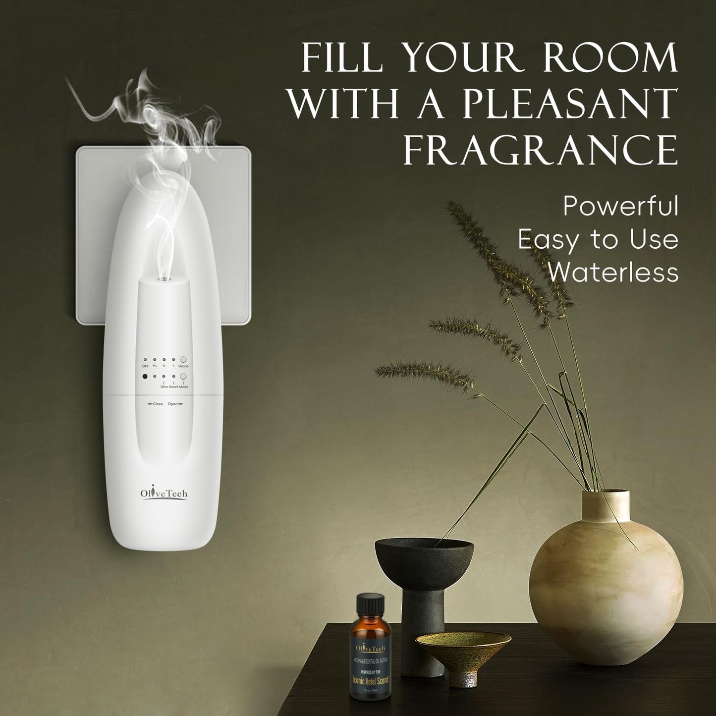 Plug in Scent Diffuser, OliveTech Waterless Essential Oil Diffuser, Cover Up to 500 Sq. Ft., Hotel Collection Diffuser, Aromatherapy Diffusers for Home, Office, 1 x 30ml Essential Oil Included