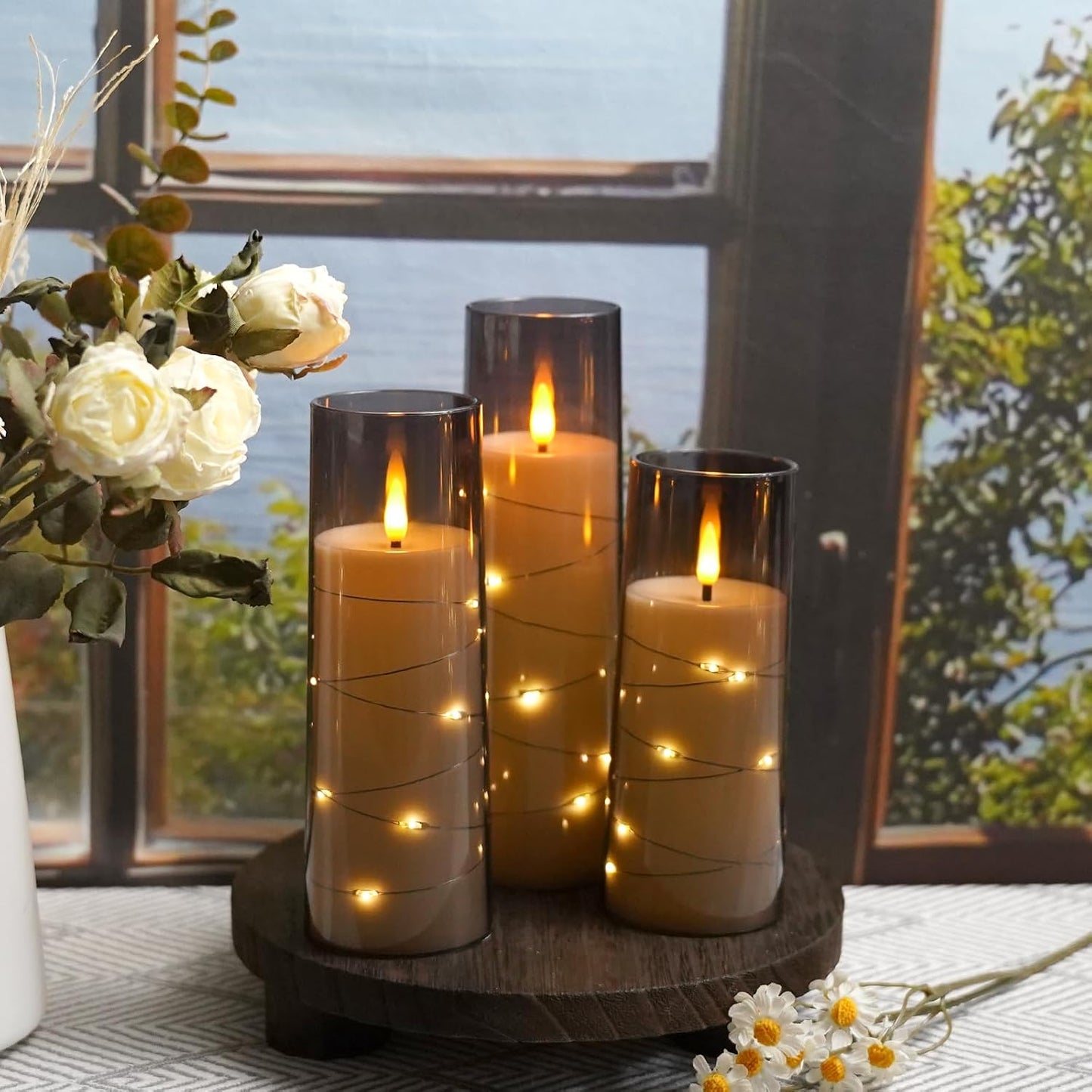 kakoya Flameless LED Candles with Timer 9 Pc Flickering Flameless Candles for Romantic Ambiance and Home Decoration Stable Acrylic Shell,with Embedded Star String，Battery Operated Candles（Grey）