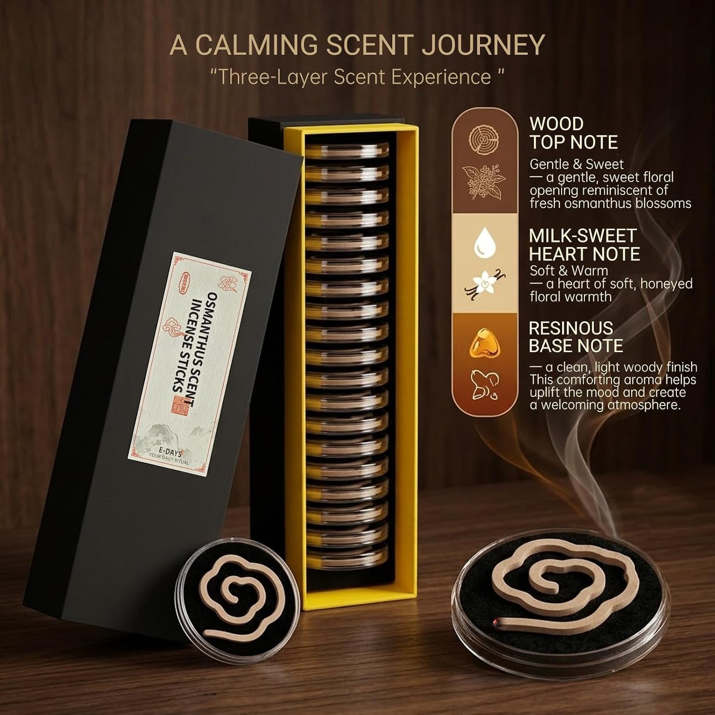 Osmanthus Incense - Cloud Shape Coil Incense, Easy to Use with Fireproof Cotton, 20 Discs 50 Min Burn Time Each, Natural Home Fragrance for Relaxation, Bedroom, Gift
