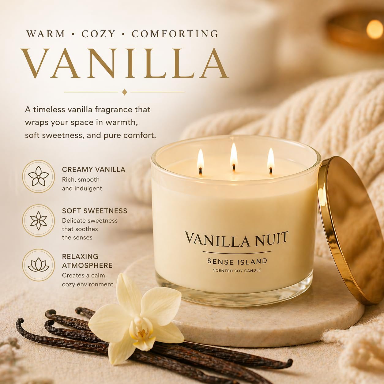 Vanilla Nuit 3 Wick Soy Candle – Large Creamy Vanilla Scented Candle for Home with Gold Lid & Beige Glass Vessal, Natural Soy Wax, Long Lasting Burn – Sensual Gourmand Fragrance, Luxury Gift for Women