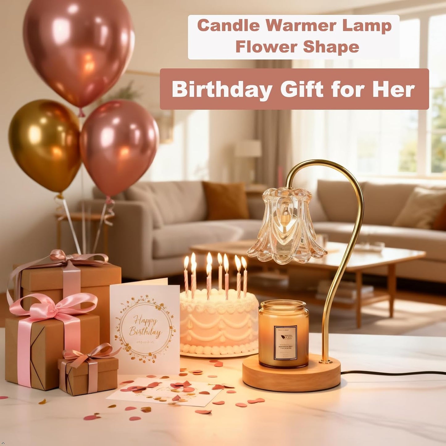 COCOBELA Candle Warmer Lamp with Timer with 2 Bulbs Light Dimmable Electric Candle Melt Lamp Flower Shape for Small & Large Jars, Elegant Home Decor Housewarming Birthday Xmas Gifts
