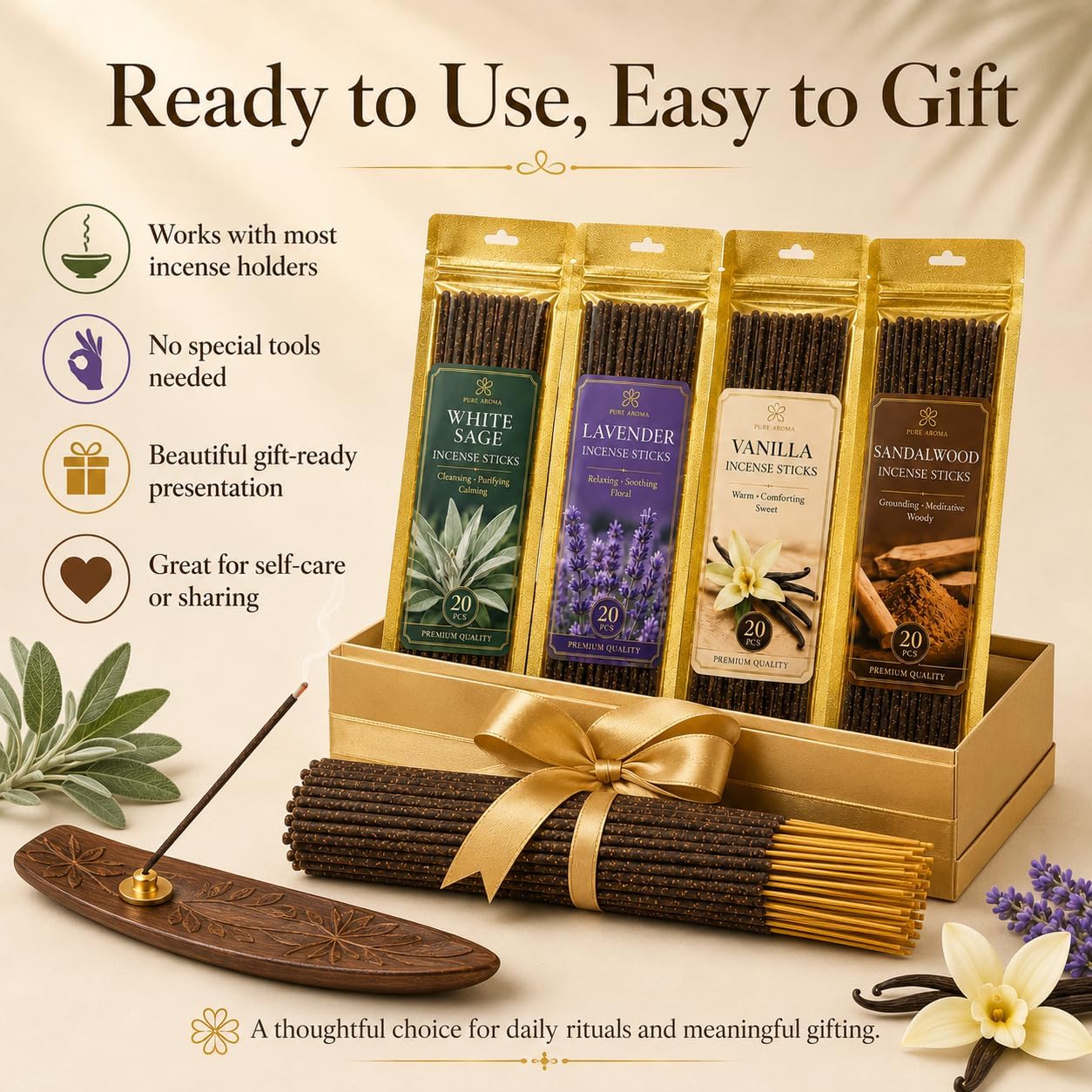 RAINFLOW White Sage Incense Sticks - 80 PCS Sandalwood Incense Sticks Natural,Lavender Vanilla Stick,4 Scents Without Incense Holder,Meditation Spiritual Cleansing Gift Set Indian Scented Style