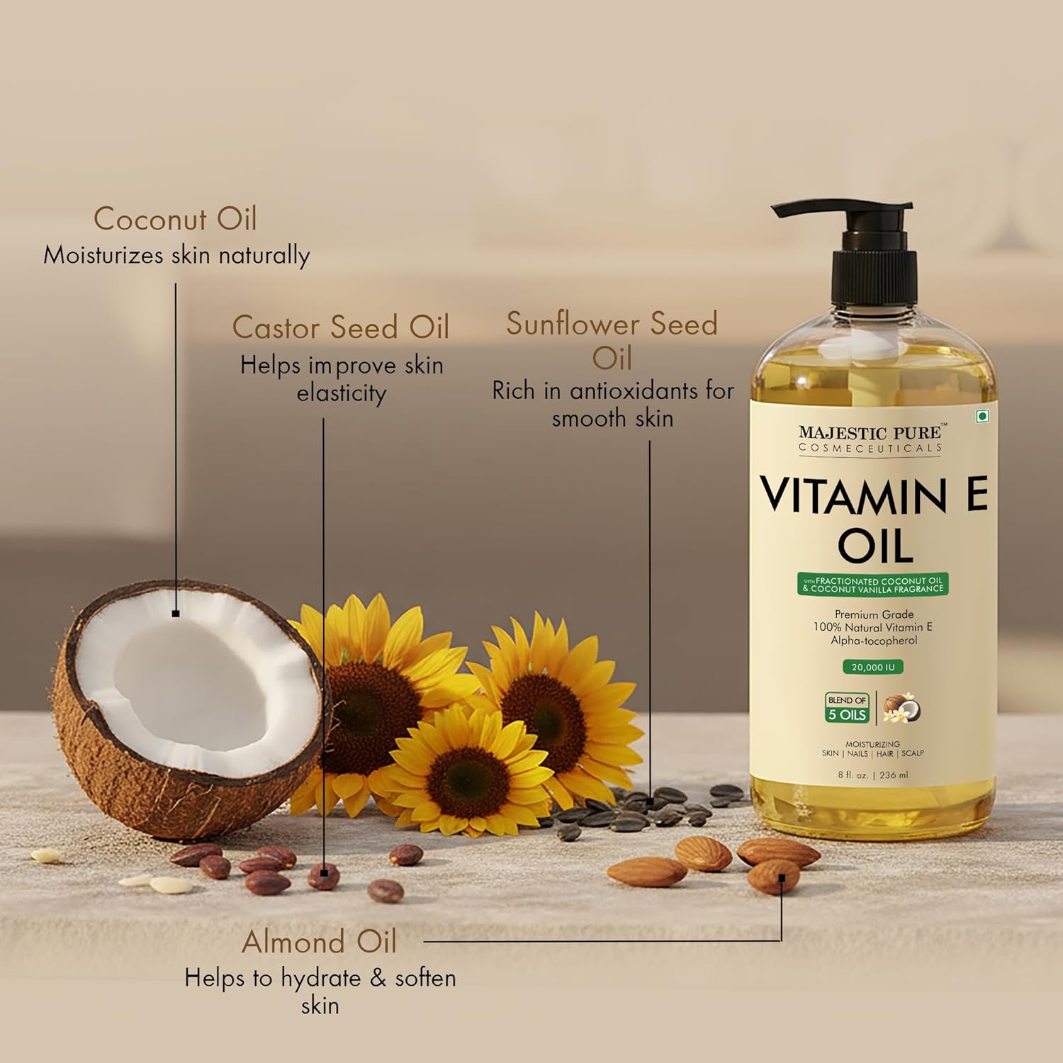 Majestic Pure Oil - 100% Pure and Natural- Cold Pressed & Hexane Free Natural Hair Growth Oil for Eyelashes, Eyebrows, Skin, Body, Face, Nails & Scalp - Coconut & Vanilla Formula Vitamin E Oil 8 Fl Oz