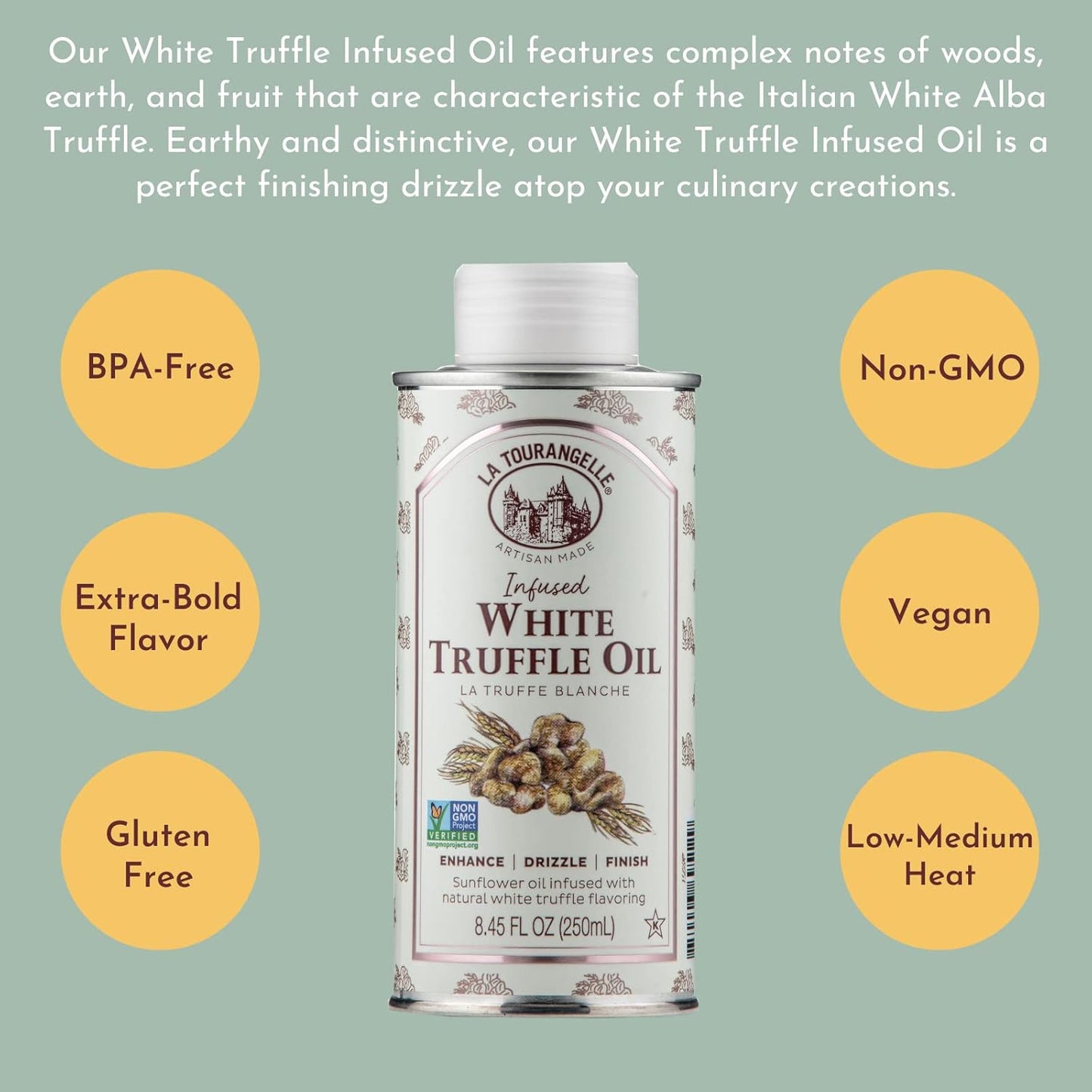 La Tourangelle, White Truffle Oil, Complex Gourmet Earthy Flavor for Drizzling over Pasta, Popcorn, Vegetables, Potatoes, Soup and More, 8.45 Fl Oz