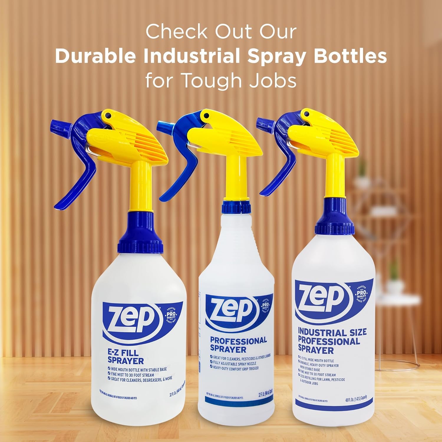 ZEP Professional Sprayer Bottle, 32 oz, Pack of 3, HDPRO1 | Versatile Adjustable Nozzle, Fine Mist or Powerful Spray, Refillable for Diluted Concentrate
