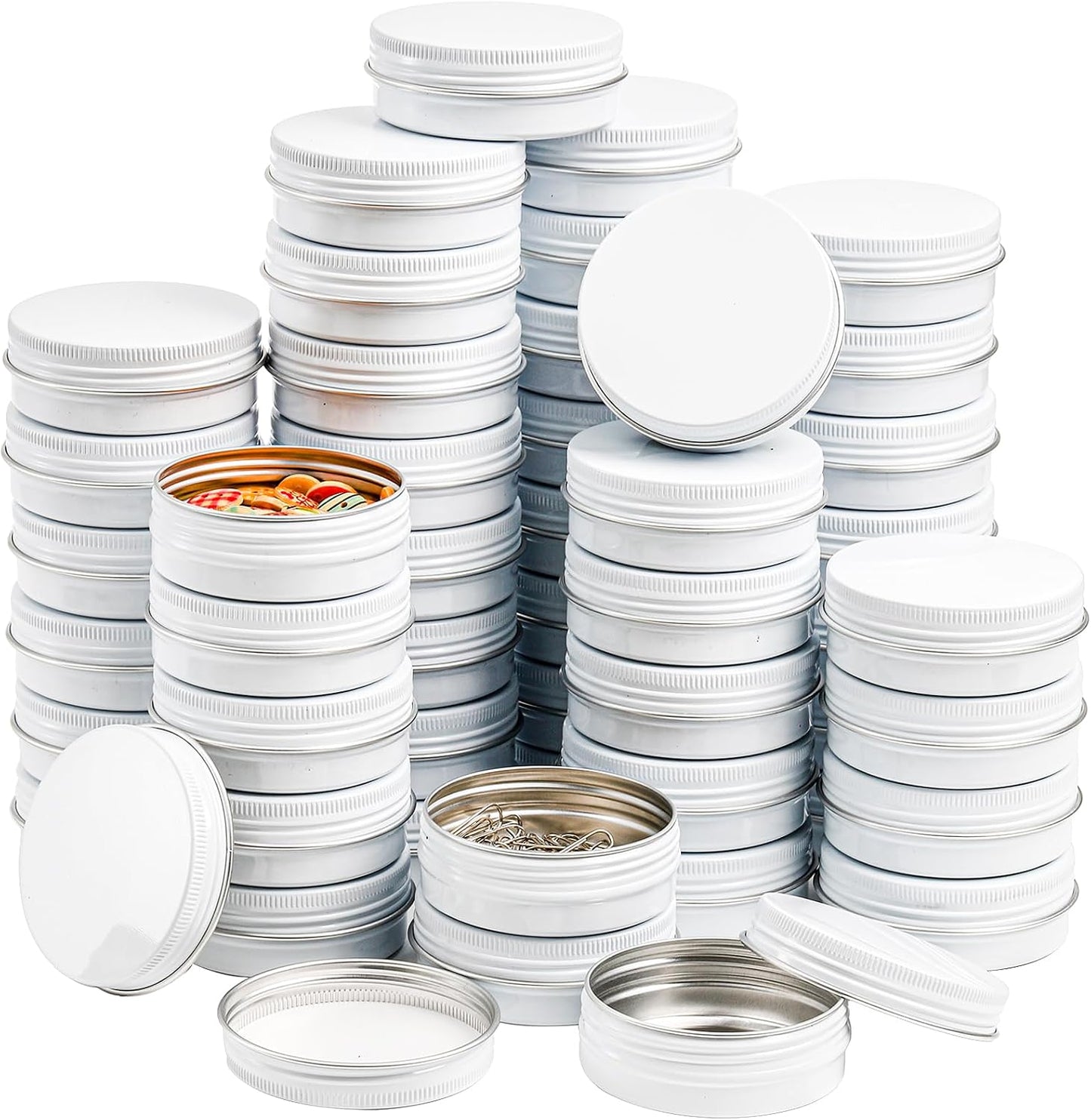 Foraineam 48 Pack 2 oz White Lip Balm Tin Cans, Aluminum Round Cosmetic Sample Containers with Screw Lid, Storage Travel Tin Jars Metal Empty Tins for Salve, Cream, Spices or Candles