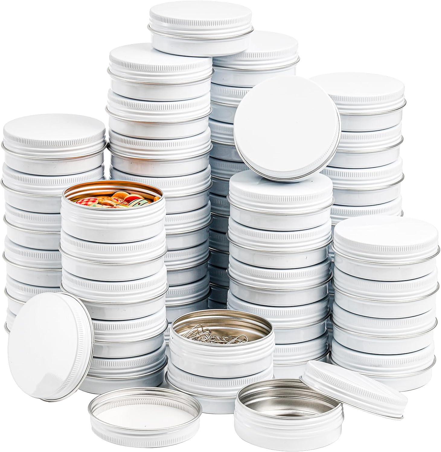 Foraineam 48 Pack 2 oz White Lip Balm Tin Cans, Aluminum Round Cosmetic Sample Containers with Screw Lid, Storage Travel Tin Jars Metal Empty Tins for Salve, Cream, Spices or Candles