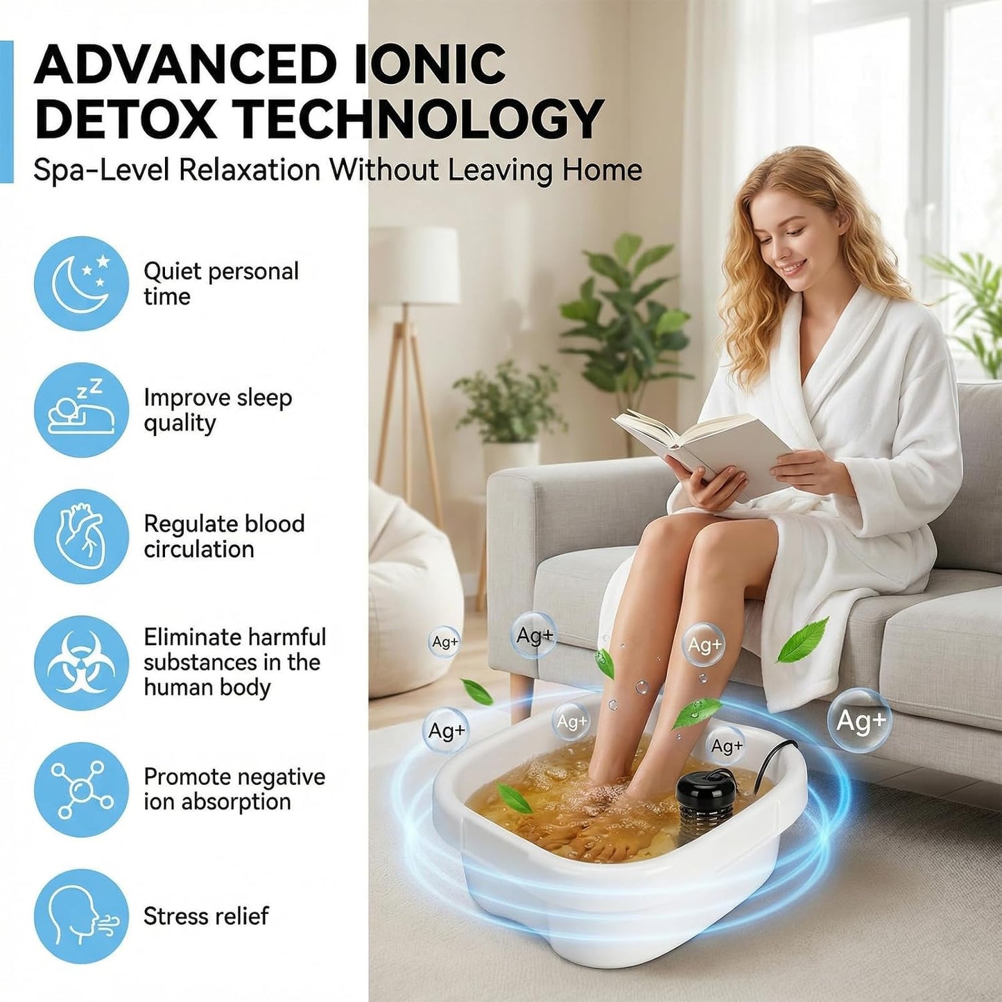 Ionic Foot Bath Detox Machine for Home Use, Ion Soak Foot Spa with Basin, Controller & 2 Ion Arrays, Includes 3 Bath Salts & 90 Disposable Liners, Spa-Quality Foot Detox Set