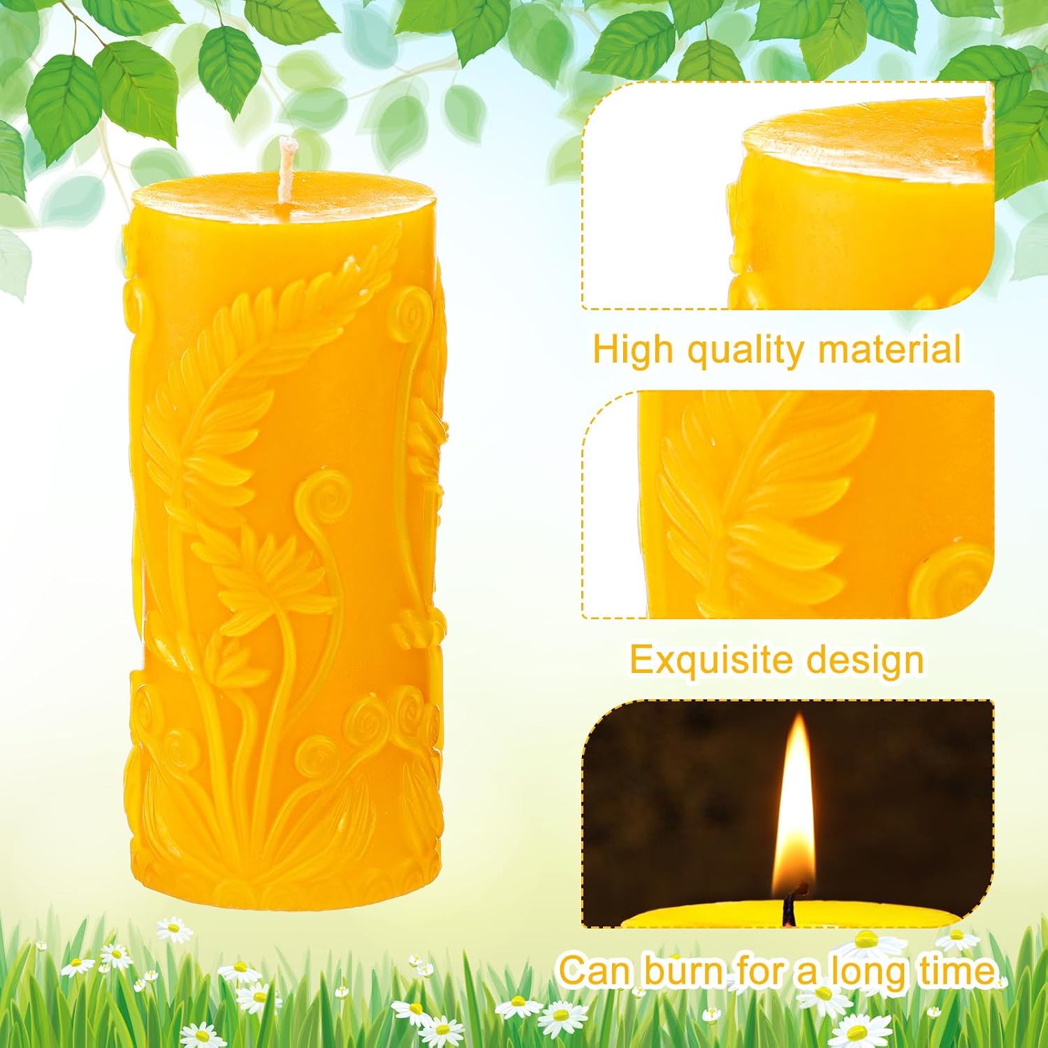 Conelist 2 Pcs Beeswax Pillar Candles Yellow Pillar Candles with Floral Carved 4.6x2.1 Inch 100% Natural Beeswax, Long Burning Gift Wedding Home Decor