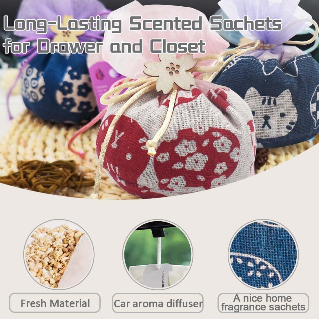 5-Pack Scented Sachets, Air Freshener Bags for Drawers, Closets, Cars, Long-Lasting Sachet Bag Home Fragrance Fresh Scent, Lavender,Rose and Gardenia