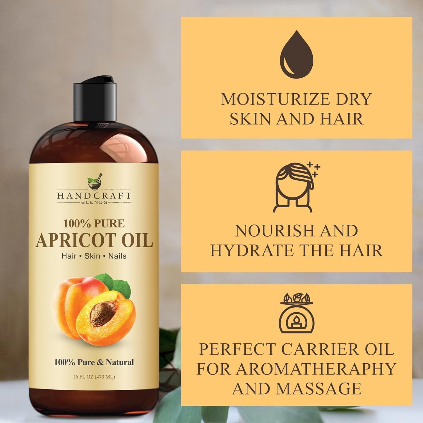 Handcraft Blends Apricot Kernel Oil - Cold-Pressed 16 Fl Oz - 100% Pure and Natural - Premium Grade Carrier for Skin and Hair - Hair and Body - Massage - Hexane-Free