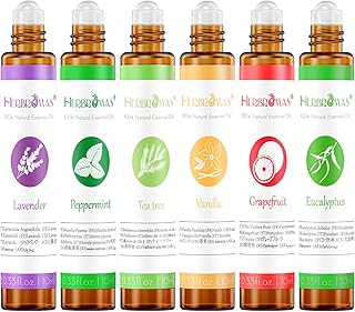 Essential Oil Roll On Set with Lavender, Peppermint, Eucalyptus & Grapefruit, Tea Tree & Vanila - Aromatherapy Relaxation Gift for Women - 6 Pack of 10ml Roll-Ons