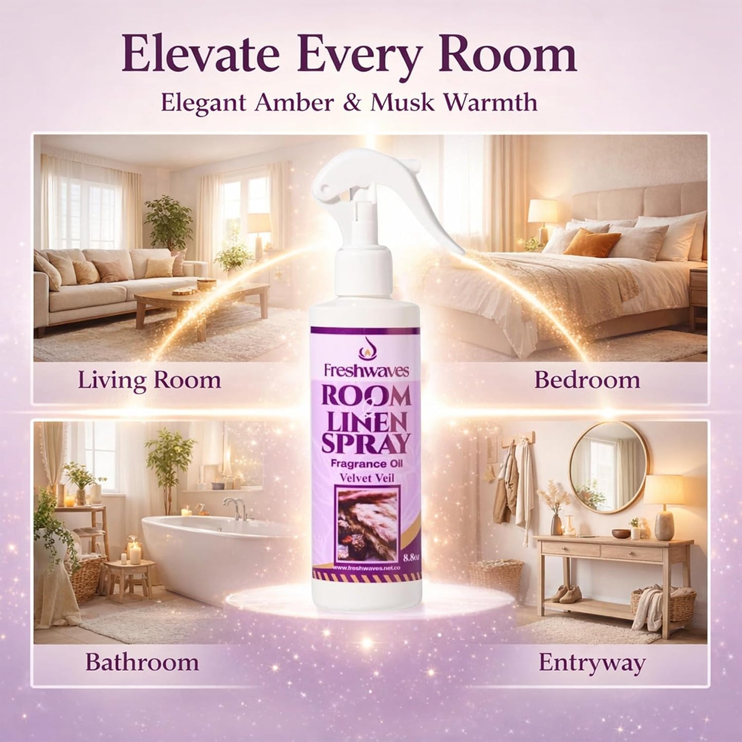 Freshwaves Room and Linen Spray | Velvet Veil Scent | Fragrance Oil | 8.8 Ounce | Air Spray Freshener | Room Spray Odor Eliminator | Air Freshener Sprays for Living Room | Bedroom | Restroom | Office